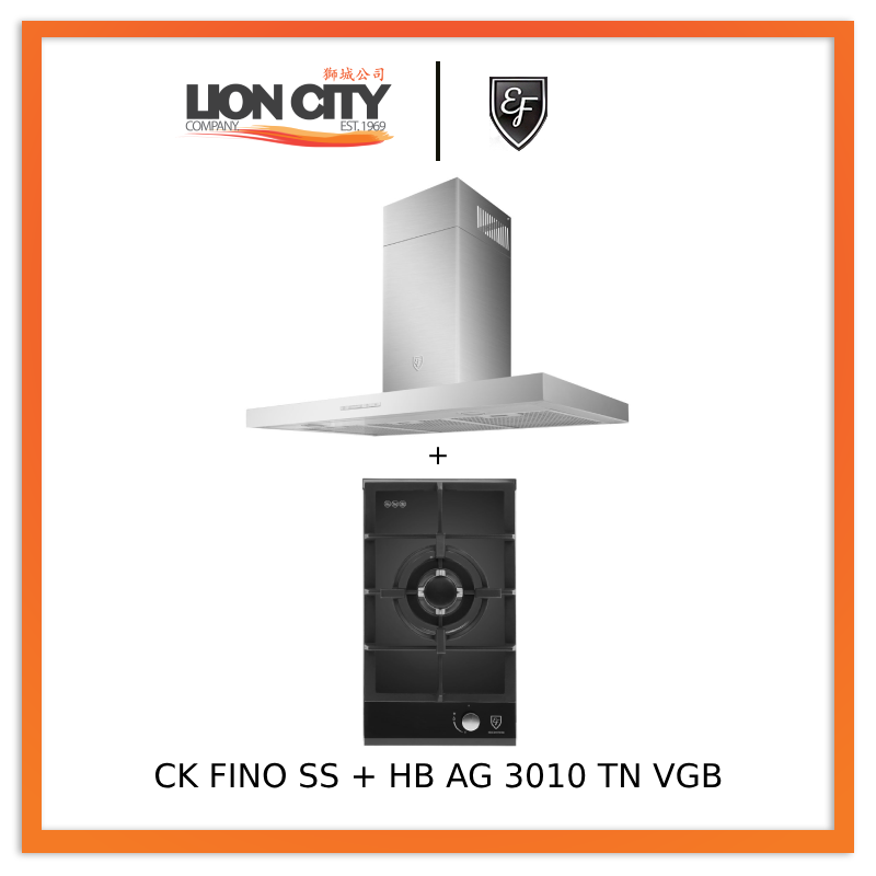 EF 90cm Stainless Steel Chimney Hood CK Fino with HB AG 3010 TN VGB 30cm Single Burner Gas Hob - Modern Kitchen Ventilation for Home Cooking & Grilling