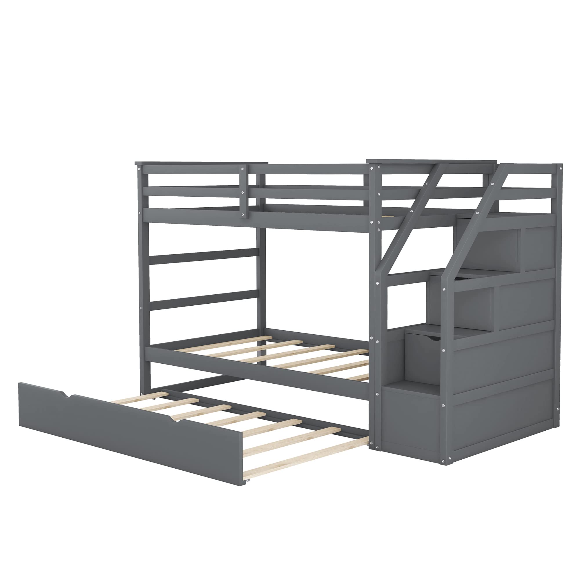Harper & Bright Designs Twin Over Twin Bunk Bed with Trundle and Stairs - Solid Wood Bunk Bed for Kids, Teens & Adults - High Safety Guardrail - Space Saving Grey Bunk Bed for Small Rooms, Guest Rooms & Vacation Homes