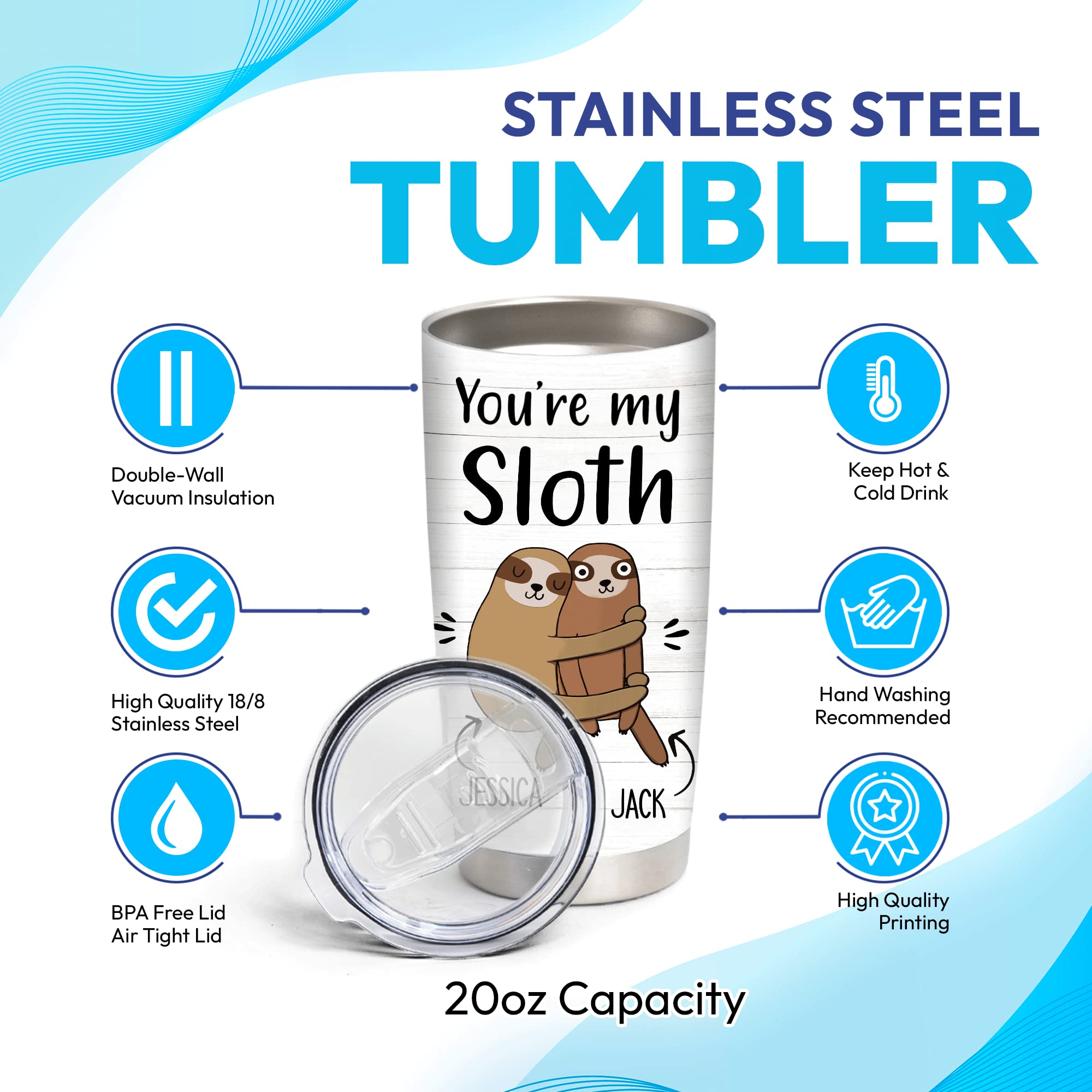 Custom Personalized Sloth Lovers Stainless Steel Tumbler 20oz with Lid - Engraved Couple Name Gift for Him & Her - Perfect Birthday, Christmas Present for Animal Lovers - Great for Coffee, Tea & Daily Use at Home, Office or Travel