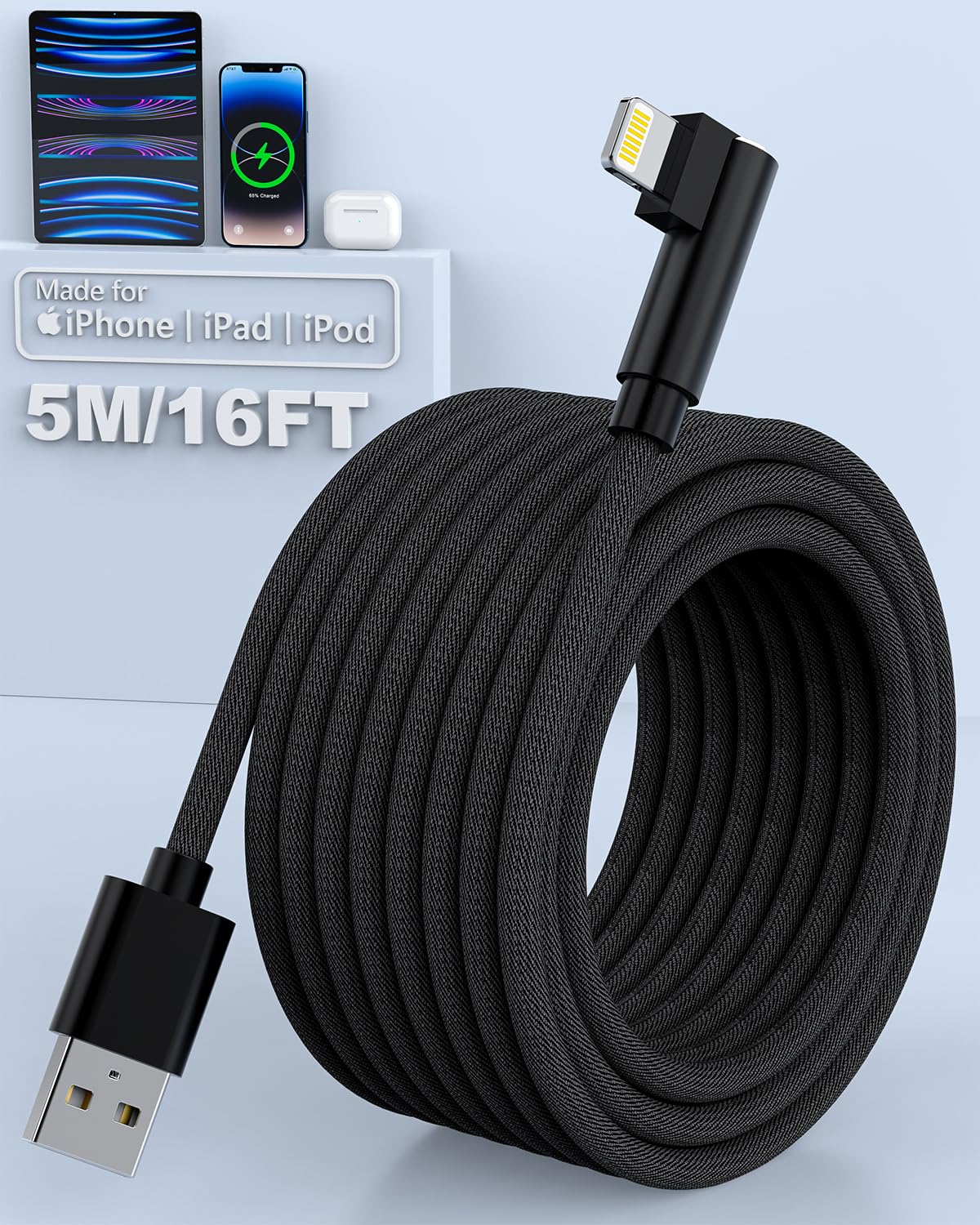 Quanlex 5M MFi Certified 90 Degree Lightning Cable - Fast Charging iPhone Charger with Nylon Braided USB Cable for iPhone 14/13/12/11 Pro Max/XS/XR/X/8/7/6 Plus/5/SE - Perfect for Home, Office & Travel Charging