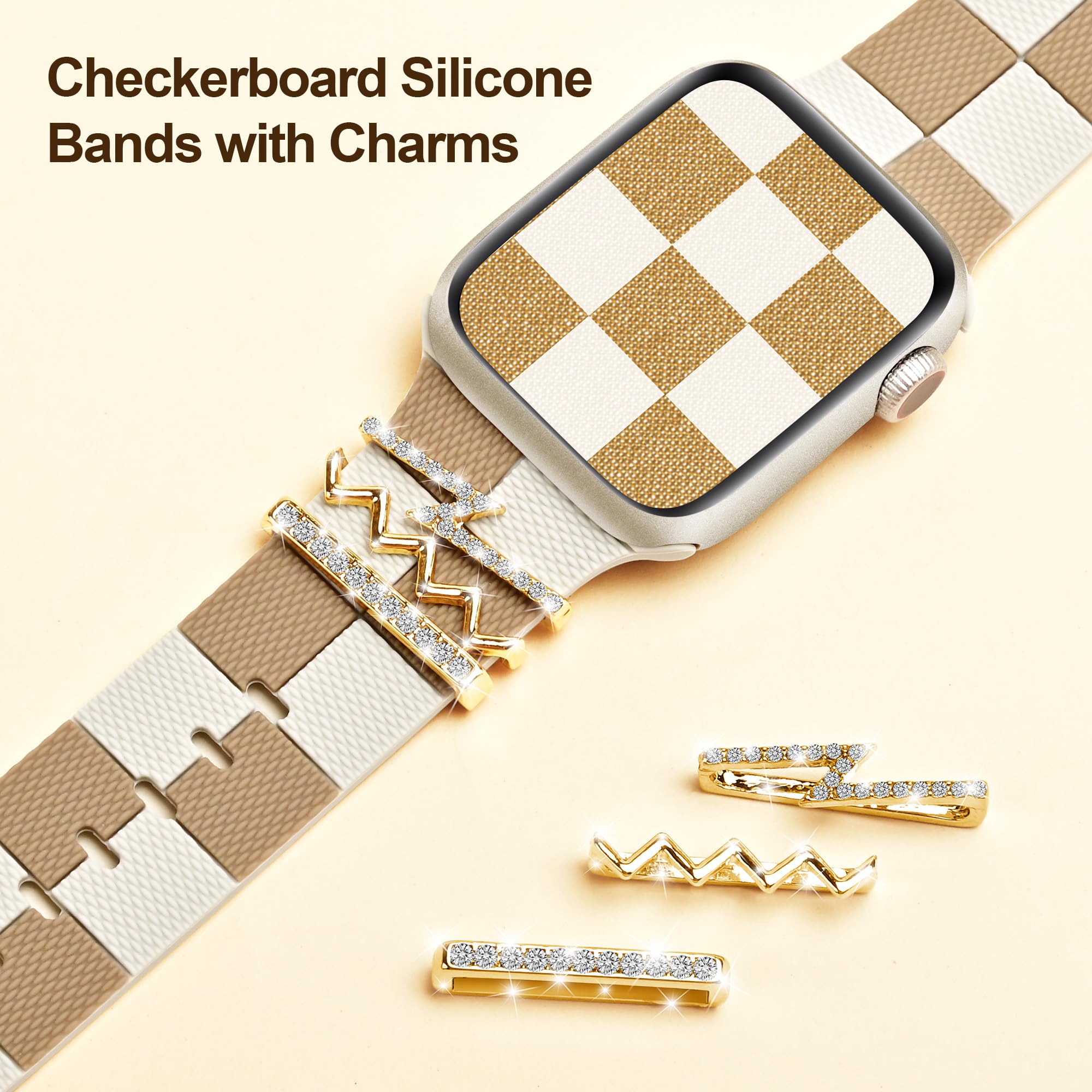Fashionable Checkered Silicone Strap for Apple Watch Band 38mm 40mm 41mm 42mm - Gold Bling Z Charm Sport Wristband Compatible with iWatch Series 10 9 8 7 6 5 4 3 SE - Perfect for Women's Workout, Running & Everyday Wear
