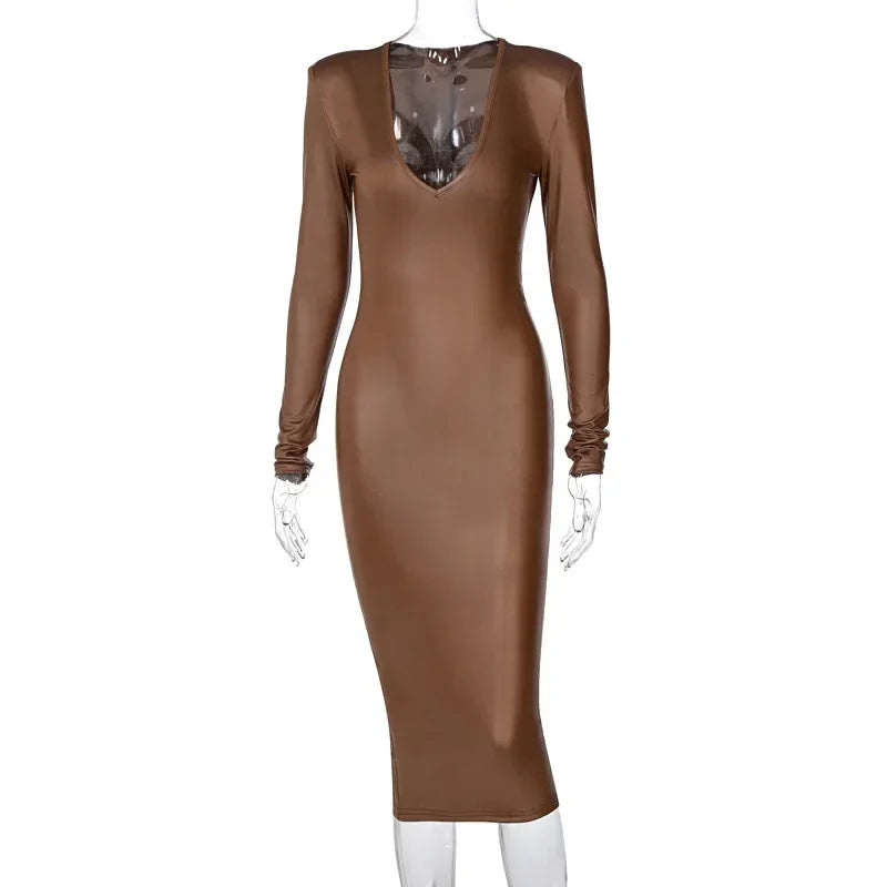 Black Brown Faux Leather Deep V-Neck Long Sleeve Bodycon Dress for Women - Elegant Sexy Midi Dress for Party, Club, Night Out, Date Night & Special Occasions