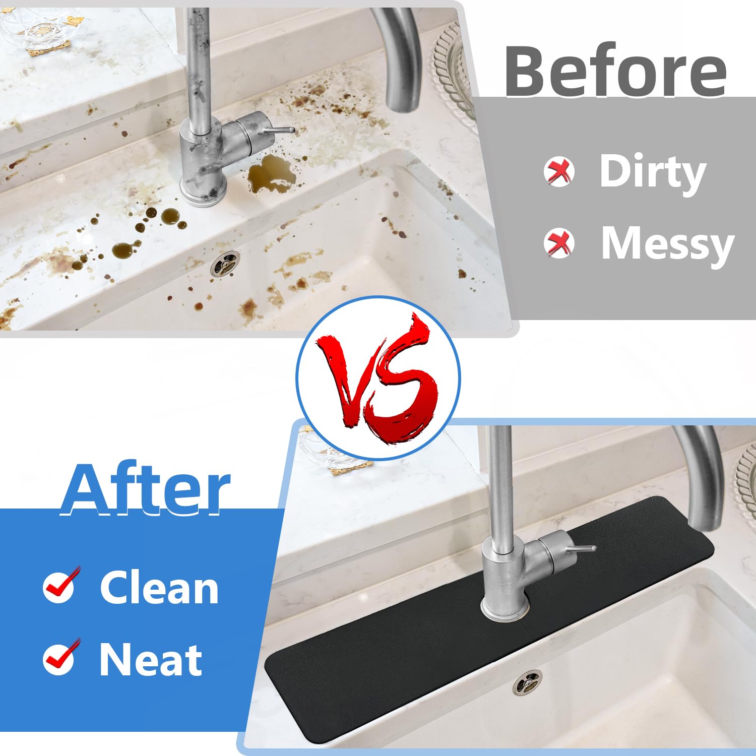 LOPNUR 24 Inch Super Absorbent Diatomite Faucet Mat - Kitchen Sink Protector & Bathroom Splash Guard | Fast Drying, Cuttable Water Barrier | Perfect for Kitchen Countertops, Behind Faucet & Vanity Areas (Black)