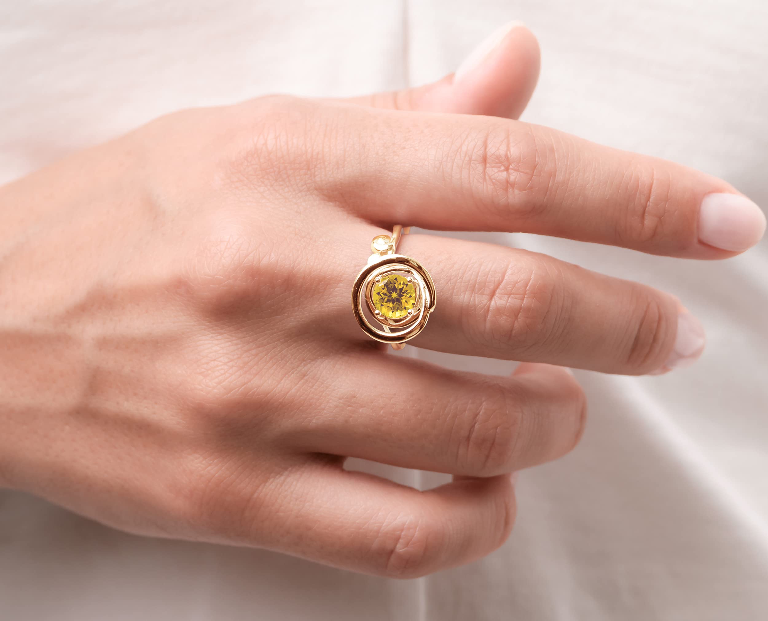 Citrine Ring for Women - Solitaire November Birthstone Ring in Yellow Gemstone, Gold or Sterling Silver - Elegant Wave Circle Ring for Gifts, Weddings & Everyday Wear