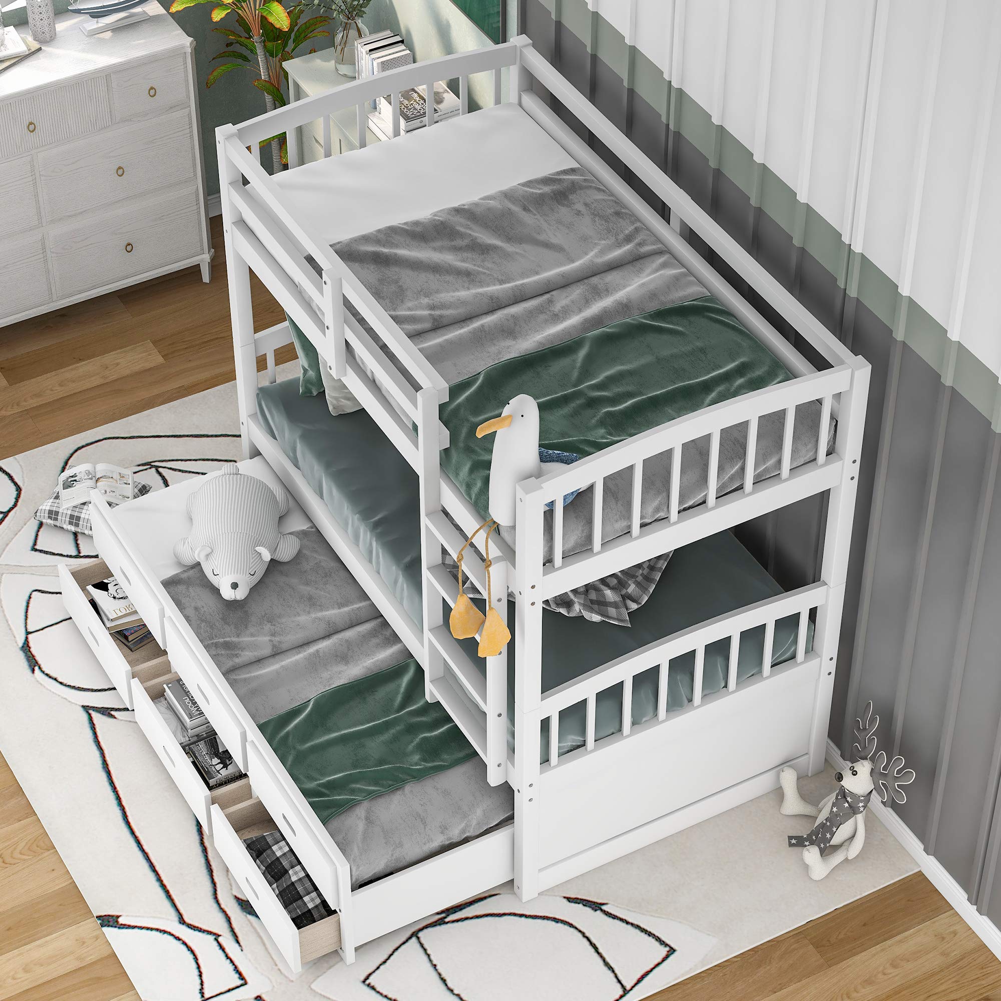 PPHome Twin Over Twin Wood Bunk Bed with Trundle & Storage Drawers - Space Saving Kids Bunk Bed with Solid Slat Support - No Box Spring Needed - White - Perfect for Small Bedrooms, Kids Rooms & Guest Rooms
