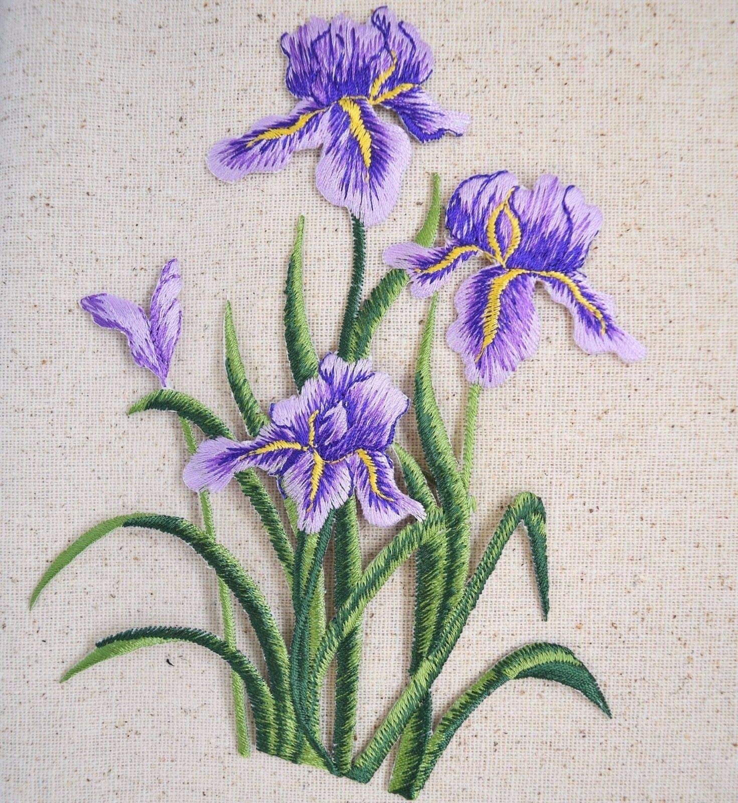 6 Inch Large Purple Iris Flowers Spring Embroidery Iron-On Patch for DIY Crafts, Clothing, Bags, and Home Decor - Perfect for Jackets, Jeans, and Scrapbooking