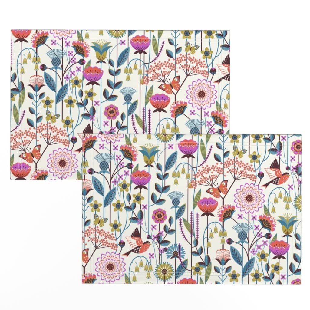 Folk Garden Floral Placemats Set of 2 - Linen Cotton Canvas Table Mats with Bright Flowers, Butterflies & Bird Print - Perfect for Spring Dining, Outdoor Picnics & Farmhouse Decor