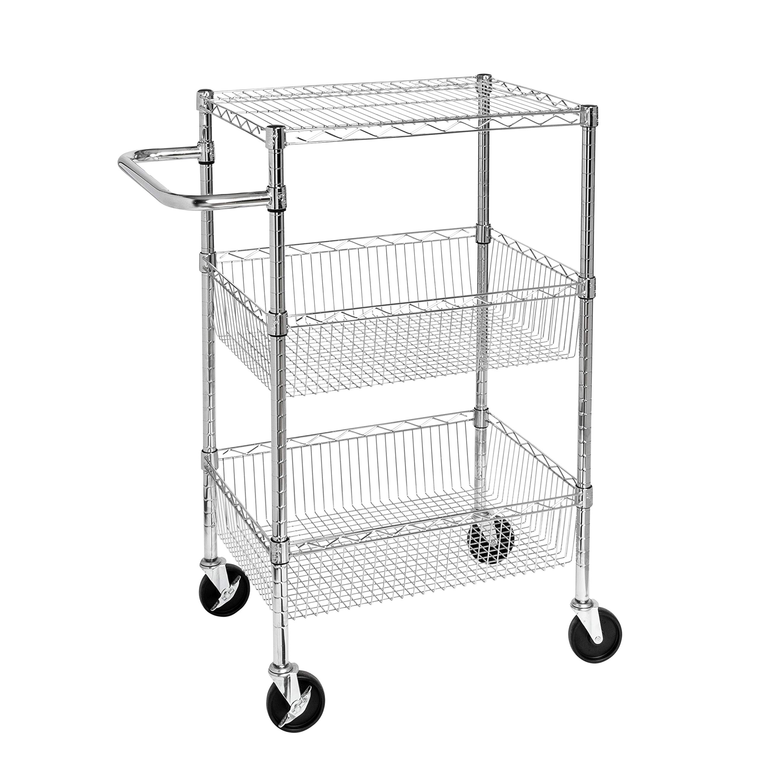 Honey-Can-Do 3-Tier Chrome Storage Cart with Wheels CRT-01451 - Rolling Utility Organizer for Kitchen, Bathroom, Office, or Garage Storage