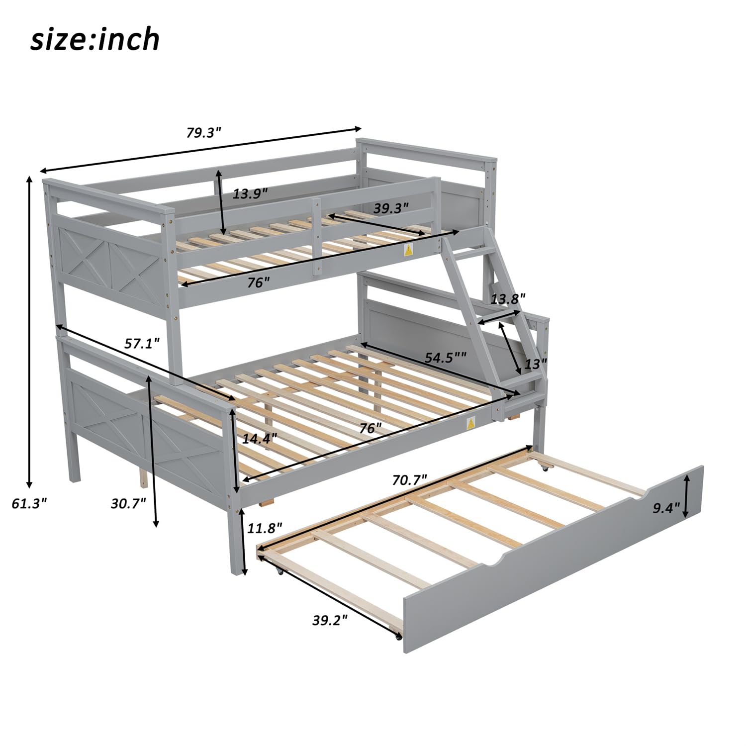 Merax Twin Over Full Wood Bunk Bed with Trundle - Solid Wood Frame, Guardrail & Ladder - Space-Saving Grey Bunk Bed for Kids, Teens & Guest Rooms - Perfect for Small Bedrooms, Vacation Homes & Shared Spaces