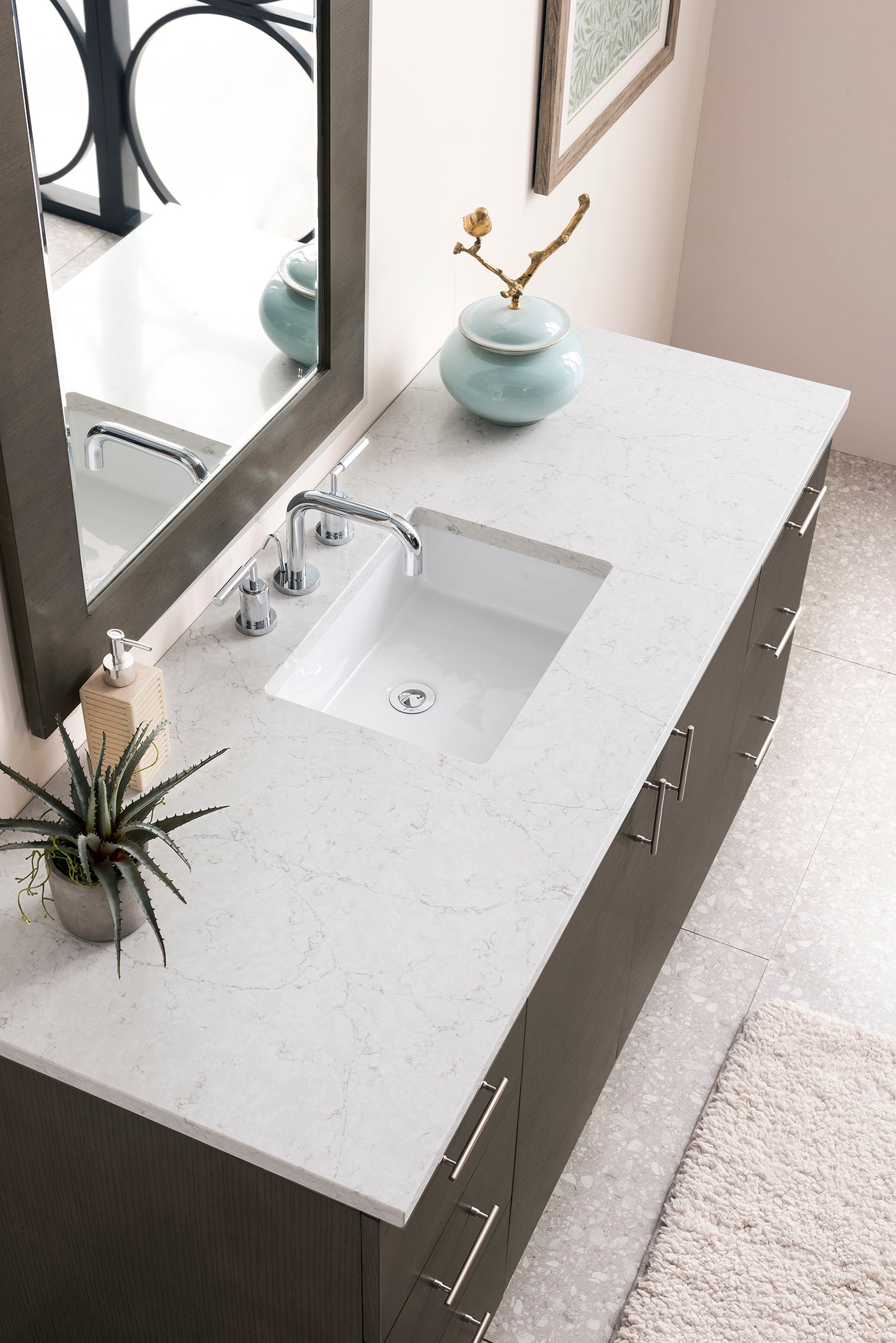 Metropolitan 60 Inch Single Bathroom Vanity in Silver Oak with 3CM Eternal Jasmine Pearl Quartz Countertop - Perfect for Modern Master Bathrooms & Powder Rooms