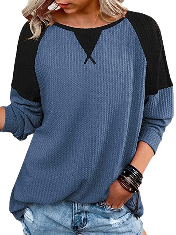 Chvity Women's Waffle Knit Long Sleeve Crewneck Shirt - Fall Casual Loose Fit Color Block Blouse Top for Everyday Wear & Layering