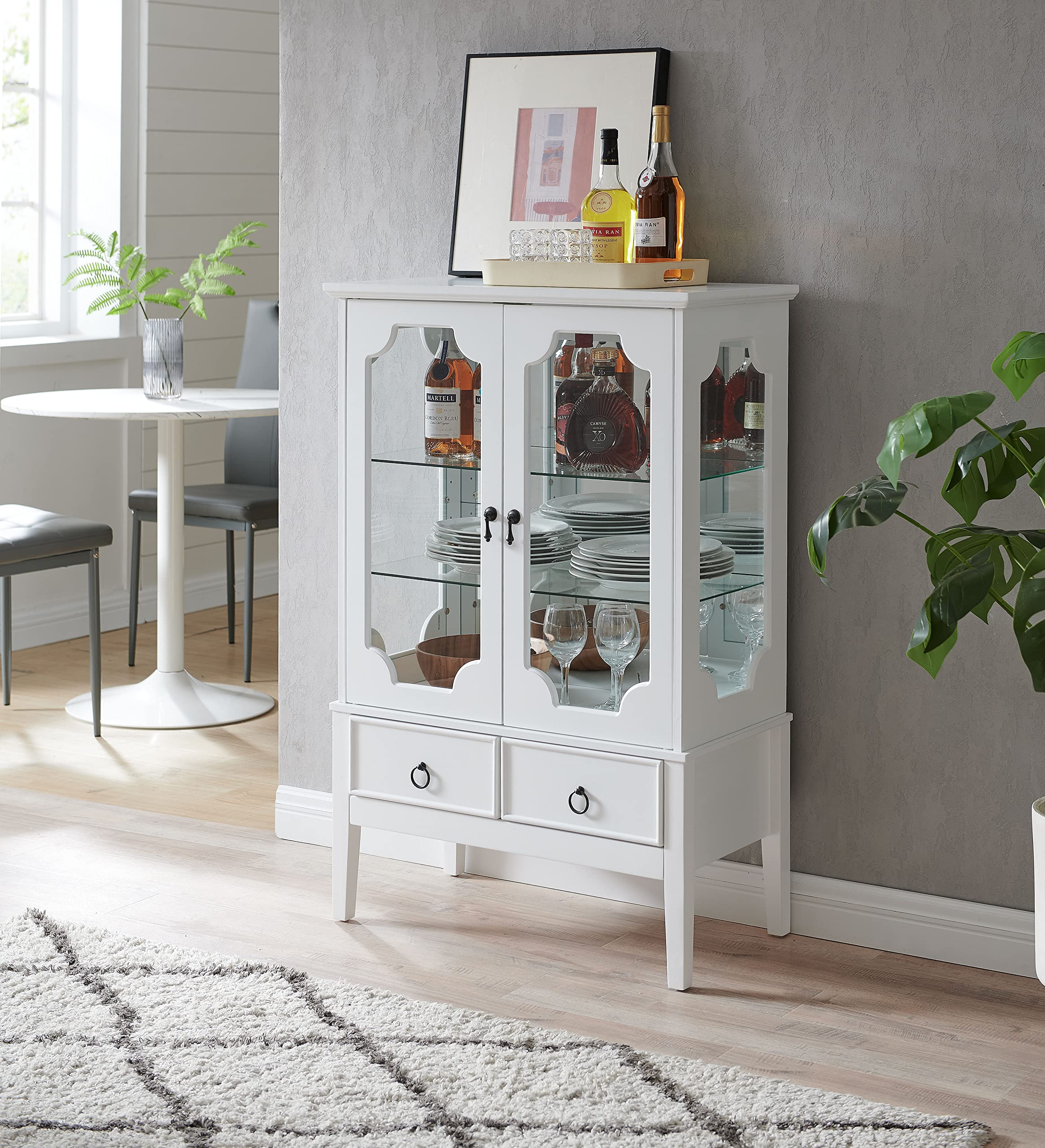Kings Brand Furniture - White Curio Accent Storage Cabinet with Glass Shelves, Doors & Drawers - Elegant Sideboard Buffet Display Cabinet for Living Room, Dining Room & Kitchen - Perfect for Showcasing Collectibles, Storing China & Organizing Home Decor