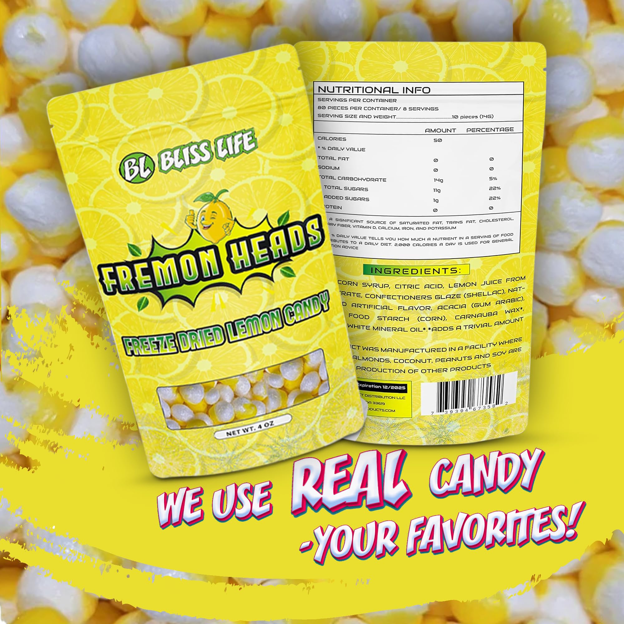 Fremon Freeze Dried Lemon Candy - Crunchy ASMR TikTok Viral Snack, Sweet & Sour Treat for Kids (4oz) - Perfect for School Lunches, Movie Nights & Road Trips