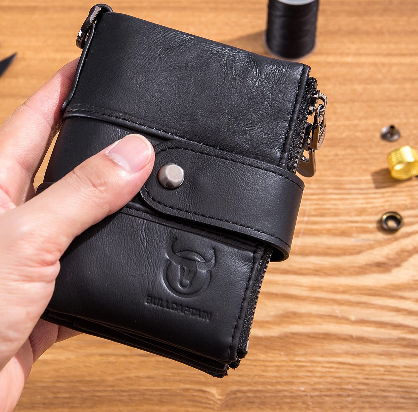 BULLCAPTAIN Genuine Leather RFID Blocking Anti-Theft Bifold Wallet for Men - Double Zipper Coin Purse with ID Window (Black) | Perfect for Travel, Business & Everyday Use