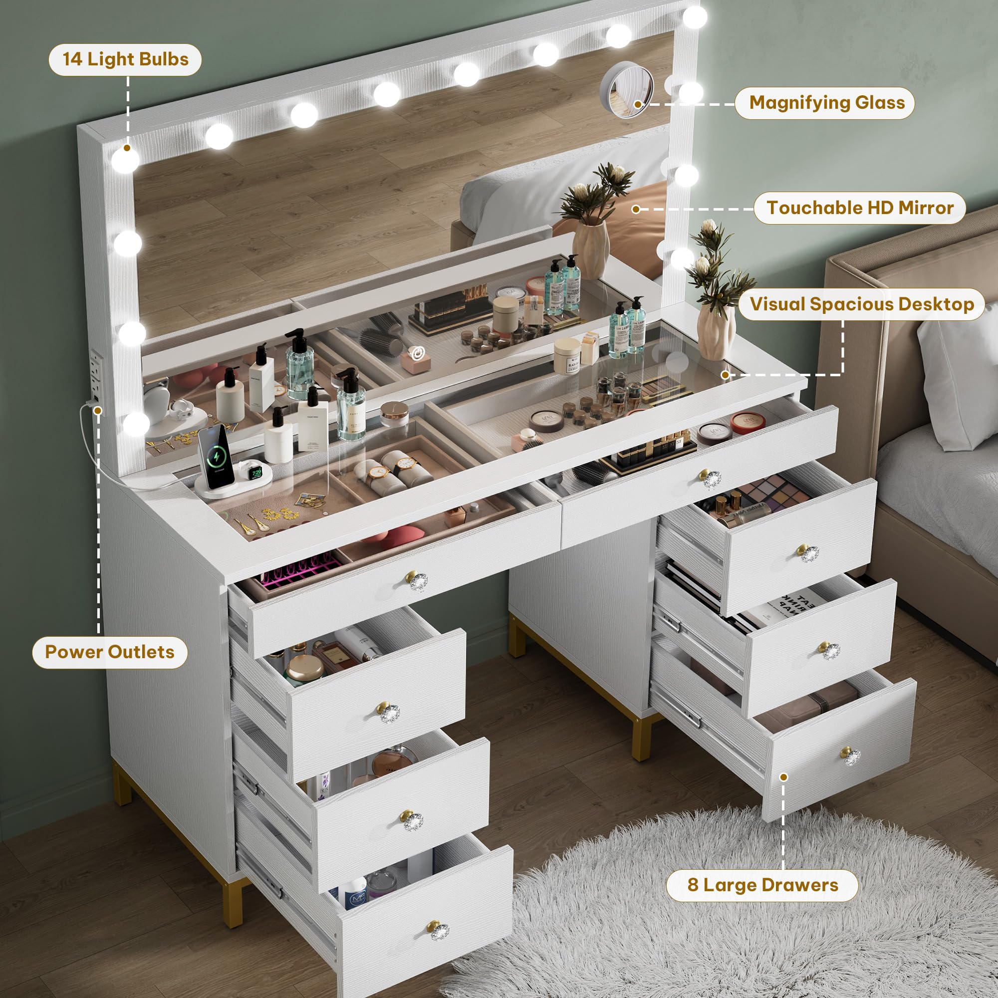 DWVO Vanity Desk with Mirror and Lights - Large Makeup Table with 8 Drawers, Power Outlet & Dimmable 3-Color LED Lighting - White Vanity Set for Bedroom, Dressing Room & Home Salon - Perfect for Makeup Application, Skincare Routine and Beauty Organization
