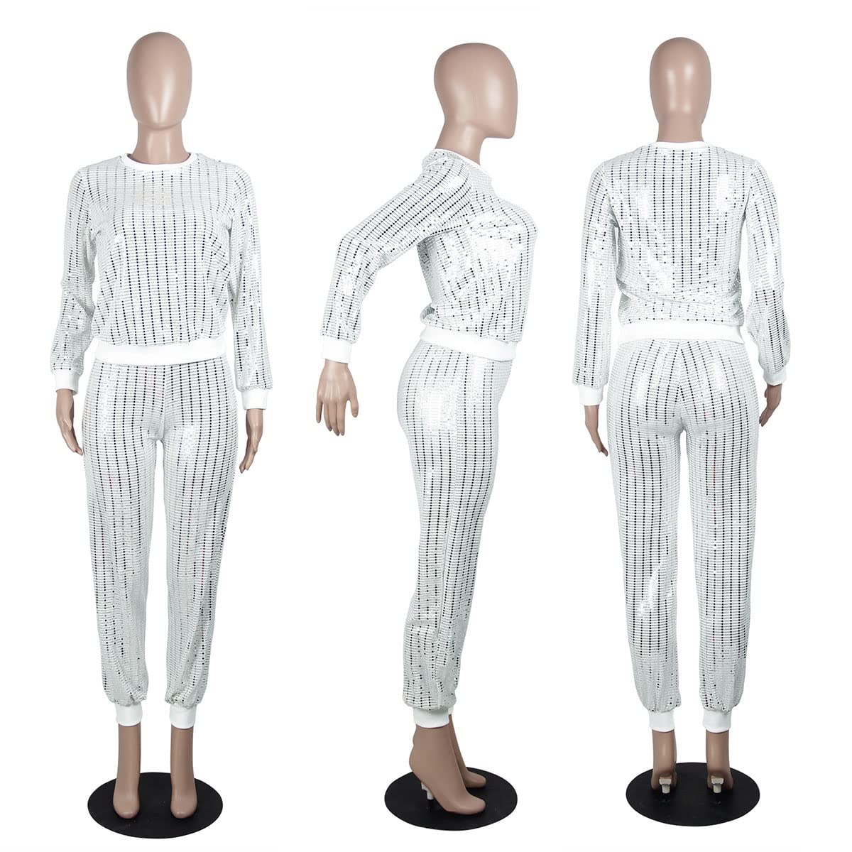 WOKANSE Women's Sequin Glitter Long Sleeve Sweatshirt & Skinny Pants 2-Piece Outfit Set - Casual Party Wear for Christmas, New Year, and Night Out