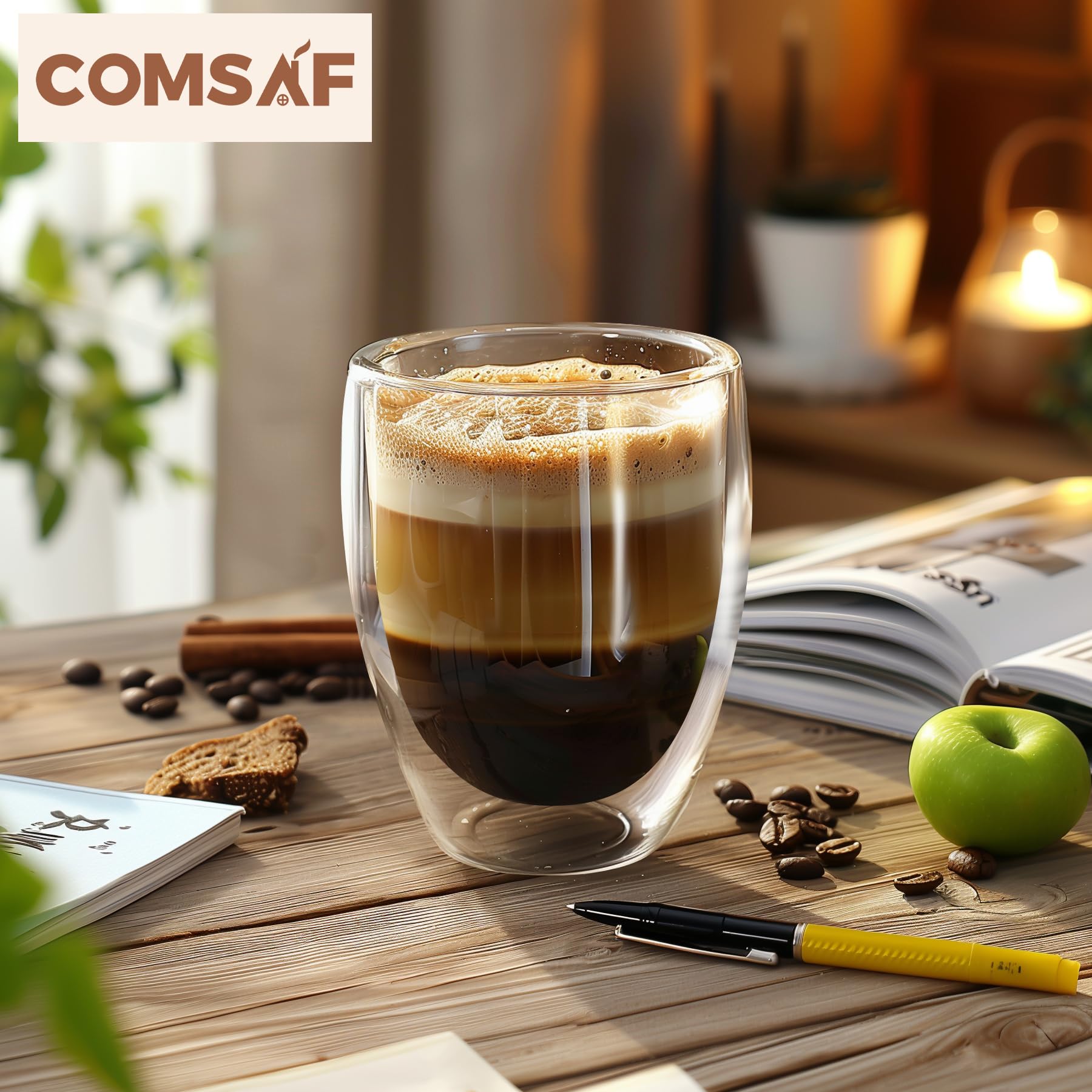 ComSaf 12oz Double Wall Insulated Glass Coffee Mugs Set of 6 - Clear Thermal Cups for Hot/Cold Beverages, Tea, Juice, Milk - Perfect for Latte, Cappuccino, Espresso - Ideal Gift for Christmas, Birthday, Housewarming - Great for Home, Office, Cafe Use