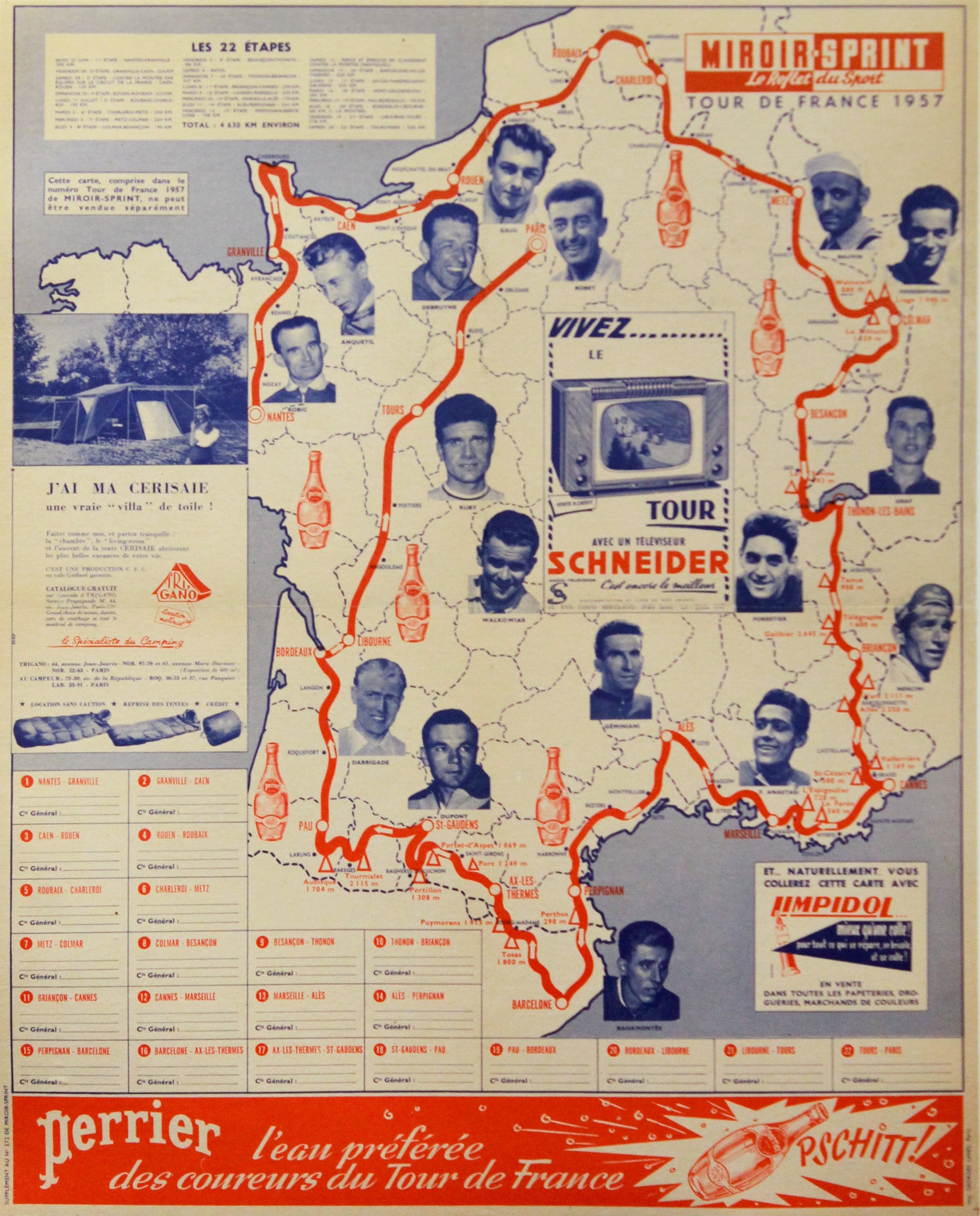 1957 Tour de France Vintage Map - Linen Backed Perrier Cycling Poster | Perfect for Sports Memorabilia, Cycling Enthusiasts & Home Decor
