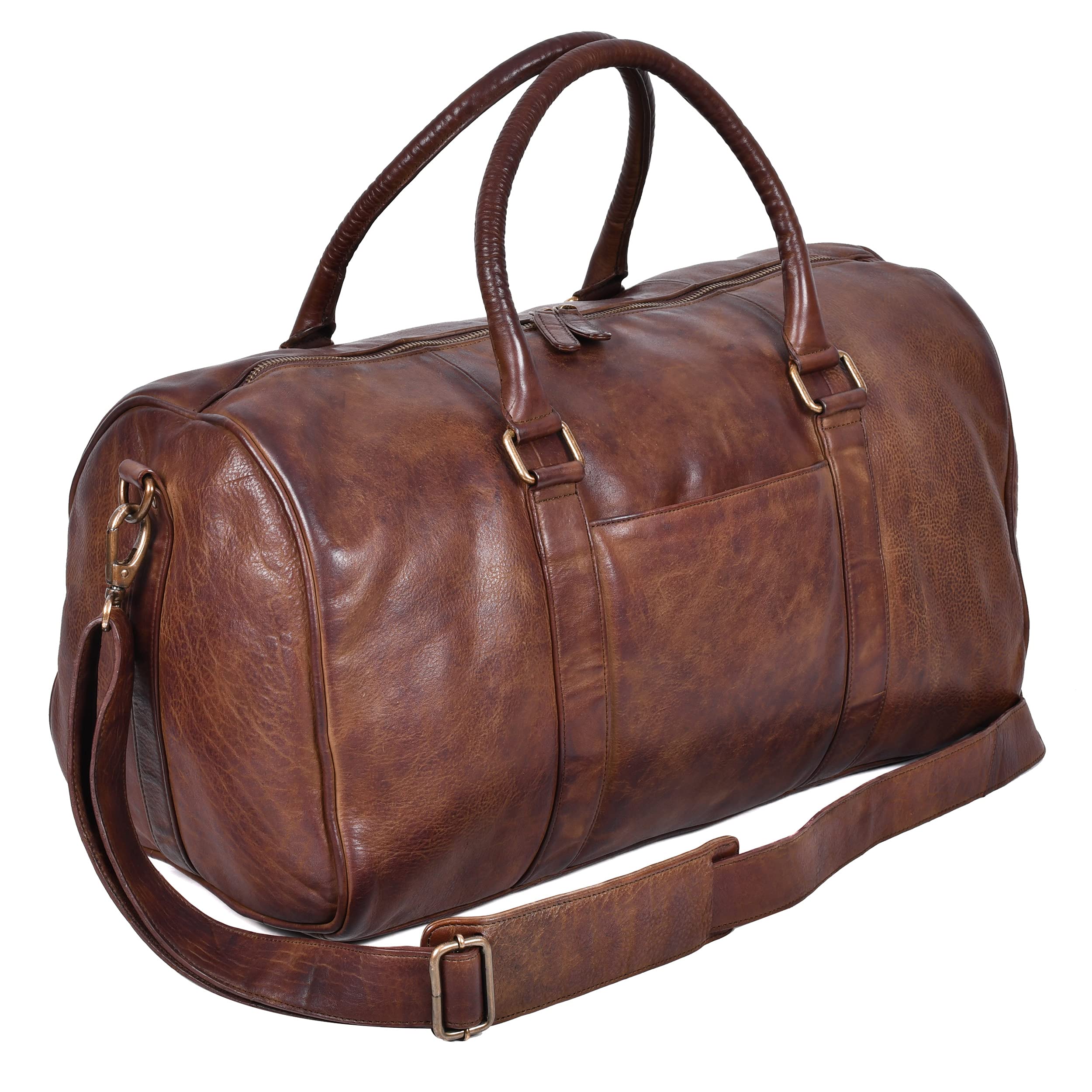 Genuine Leather Weekender Bag for Travel - Oversized Duffle Carry On Overnight Bag, Handmade Brown Wash Leather (Perfect for Business Trips, Gym, Weekend Getaways & Airplane Carry-On)