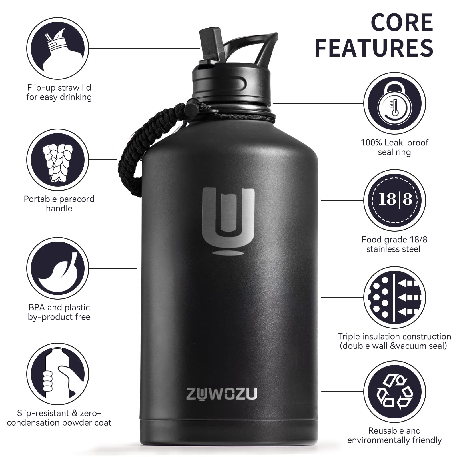 1 Gallon Insulated Stainless Steel Water Bottle with Straw, Spout & Handle - 128oz Large Water Jug for Hot & Cold Drinks - Perfect for Camping, Hiking, Sports, Gym & Outdoor Activities - Black