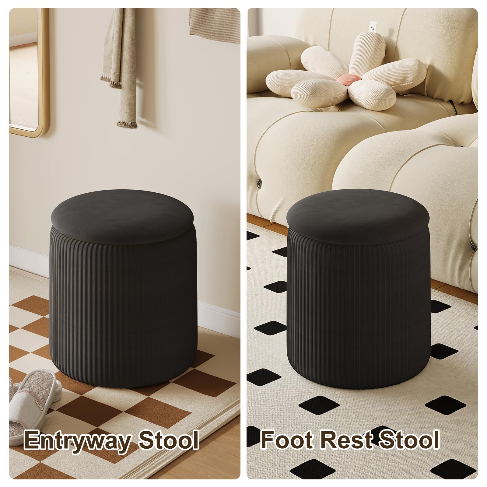 Black Velvet Storage Ottoman Set of 2 - Round Foot Rest Stool with Hidden Storage, Makeup Vanity Chair & Pouf for Living Room, Bedroom, Dressing Area - Perfect for Extra Seating & Home Organization