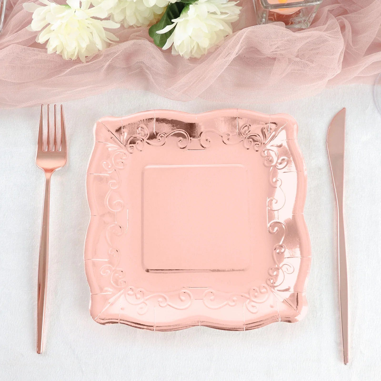 25 Pack Square Disposable Dessert Plates with Elegant Scroll Design - Perfect for Parties, Weddings, and Dinner Events