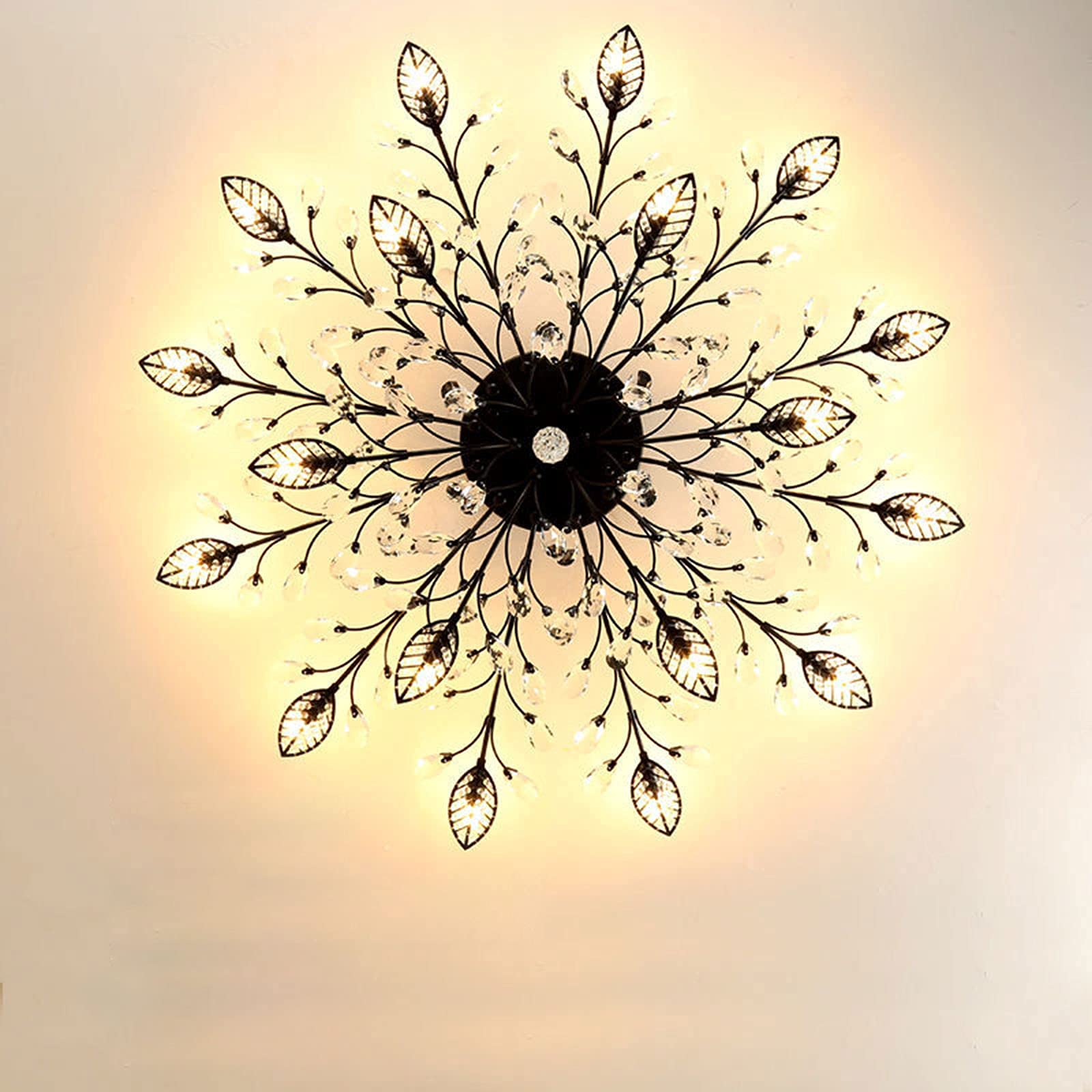 Modern Flush Mount Gold Black LED Crystal Ceiling Chandelier - K9 Crystal Light Fixture for Bedroom, Living Room & Dining Room - Energy Efficient Close-to-Ceiling Lighting Solution