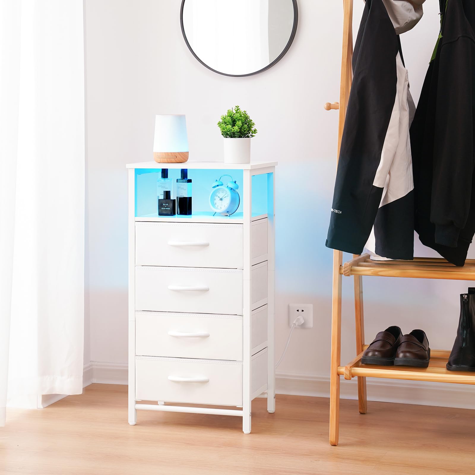 Yoobure LED Night Stand with Charging Station - White Bedside Table with 4 Storage Drawers, Shelf, USB Ports & Outlets - Tall Dresser for Bedroom - Perfect for Small Spaces, Apartment Living & Modern Home Decor
