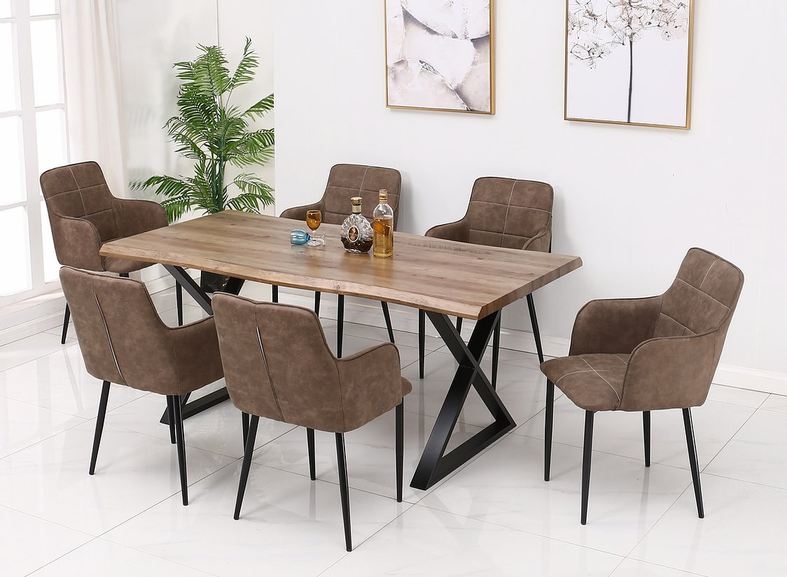 Charcoal Brown Faux Live Edge Wood Dining Table Set - 7 Piece Modern Rustic Kitchen Furniture for Farmhouse, Cottage & Dining Room Decor