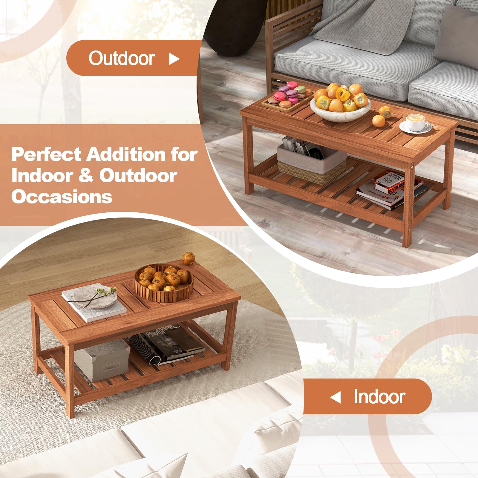 Giantex Hardwood Patio Coffee Table - 2-Tier Wooden Coffee Table with Slatted Tabletop & Storage Shelf, Outdoor Rectangular Center Table for Backyard, Garden, Poolside, Balcony & Indoor, Walnut - Perfect for Outdoor Gatherings, BBQ Parties, and Relaxing by the Pool