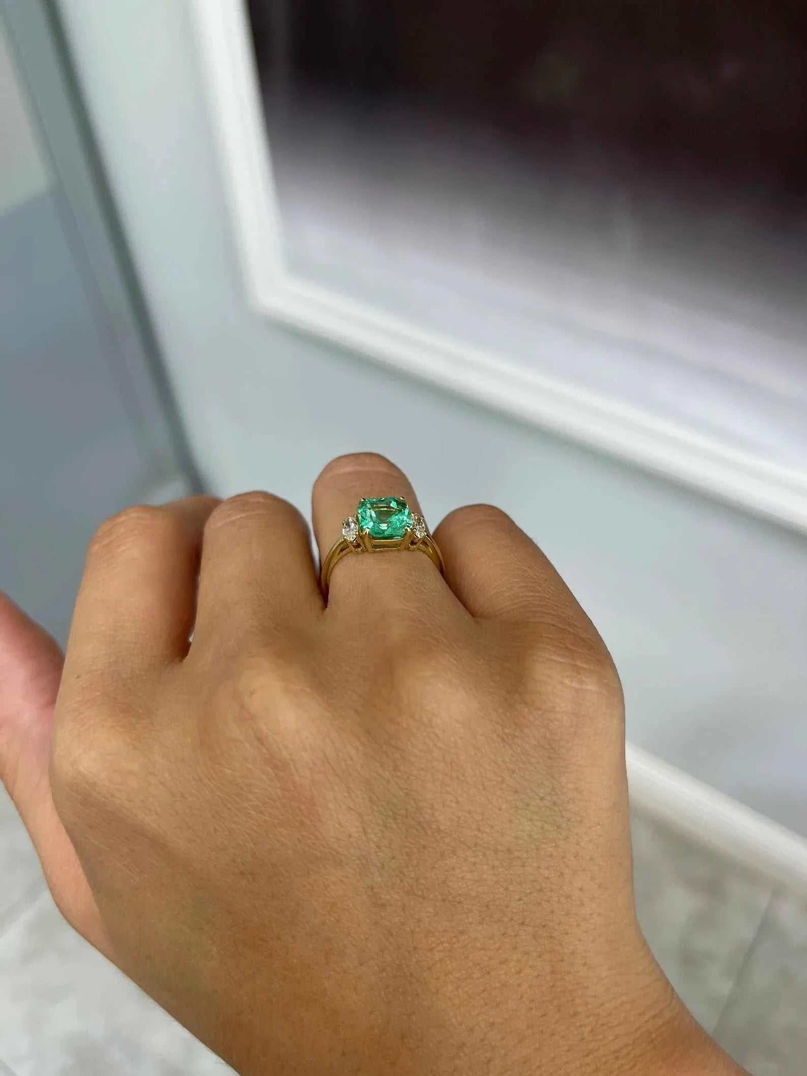 2.96tcw 18K Gold Three Stone Asscher Cut Emerald & Marquise Diamond Engagement Ring for Women - Perfect for Proposals, Anniversaries, and Special Occasions