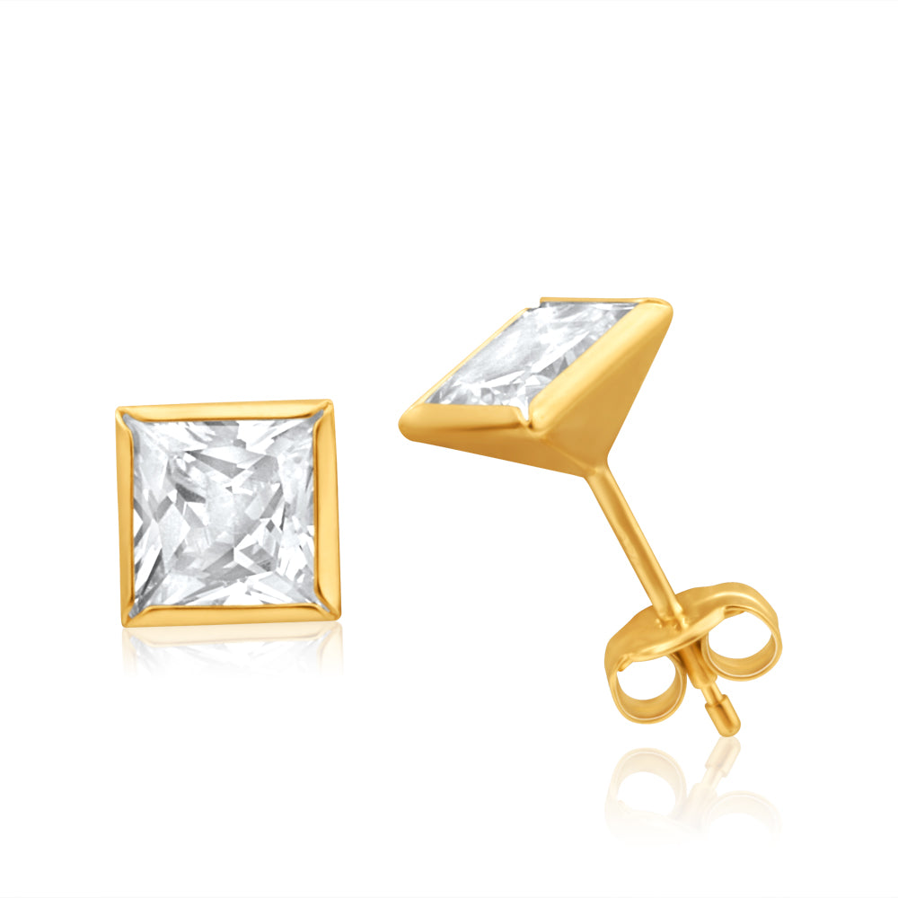 9ct Yellow Gold 6mm Princess Cut Cubic Zirconia Stud Earrings for Women - Elegant Gift for Birthday, Anniversary & Special Occasions