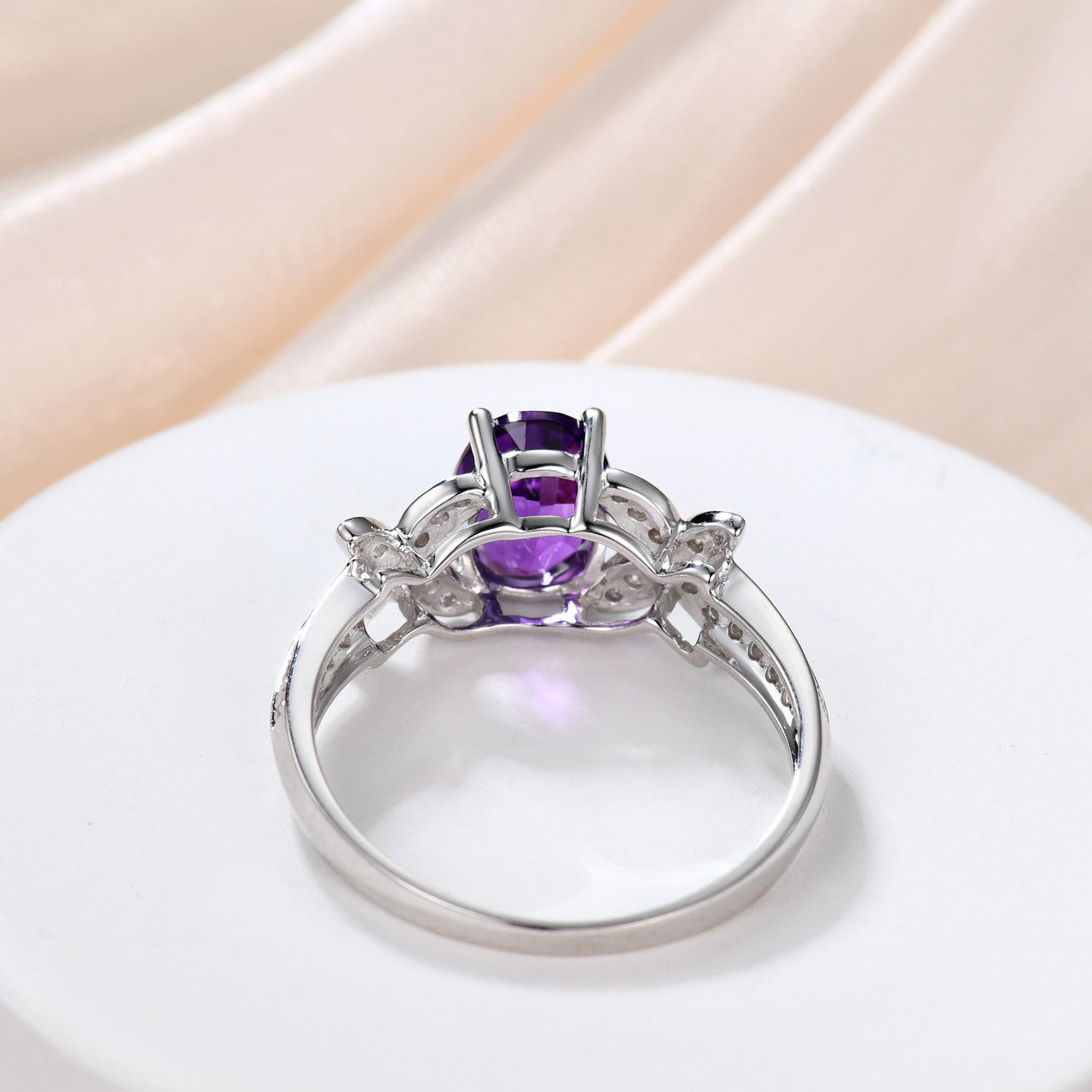 14K White Gold Handmade Purple Amethyst Engagement Ring - 6x8mm Oval Cut Diamond Butterfly Flower Promise Ring for Women | Wedding, Anniversary, Valentine's Day Gift