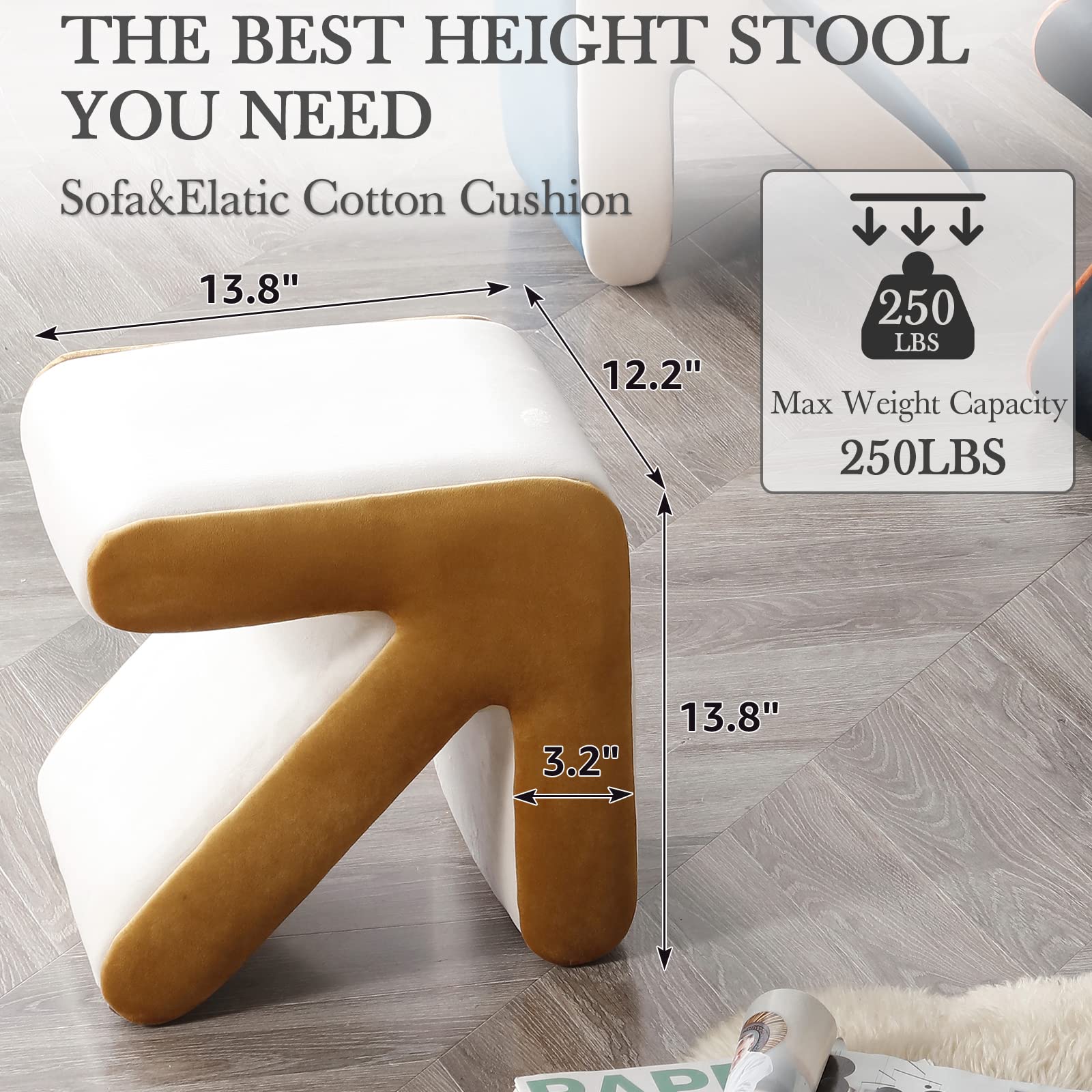 LETESA Modern Velvet Upholstered Ottoman - Small End Table & Soft Foot Stool with S-Shape Design, Dressing Makeup Chair for Living Room, Bedroom & Entryway (Beige, Arrow) | Perfect for Lounging, Footrest & Extra Seating