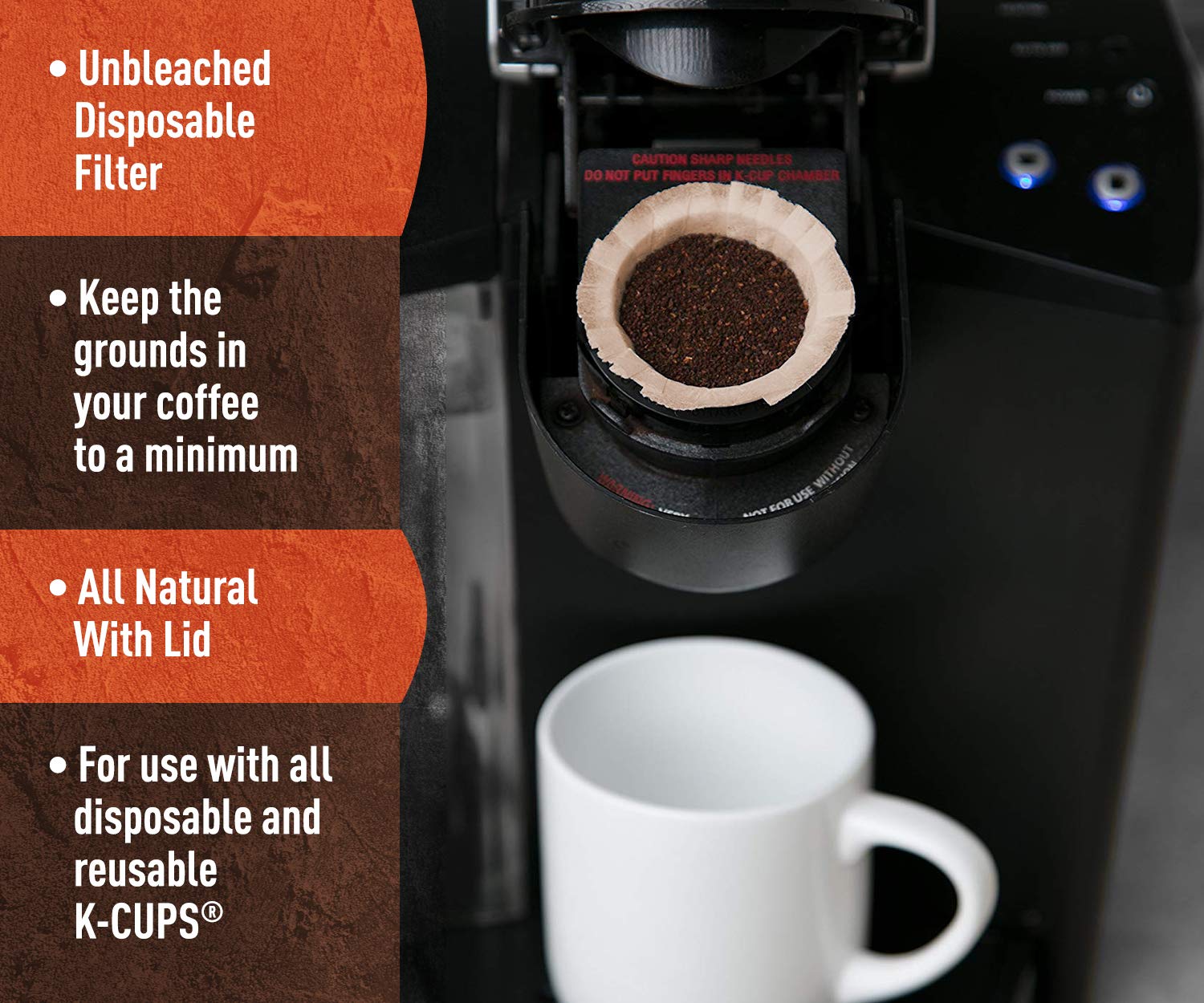 Natural Unbleached Brown Paper Coffee Filters with Lid - 300 Count Disposable Filters Compatible with Keurig 1.0 & 2.0, All Reusable K-Cups - Brew Your Own Premium Coffee at Home or Office