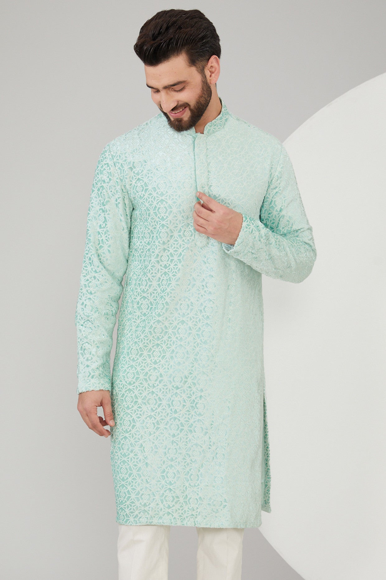 Elegant Ice Blue Velvet Embroidered Kurta for Women - Stylish Geometric Design Indian Tunic Top for Festivals, Parties & Casual Wear