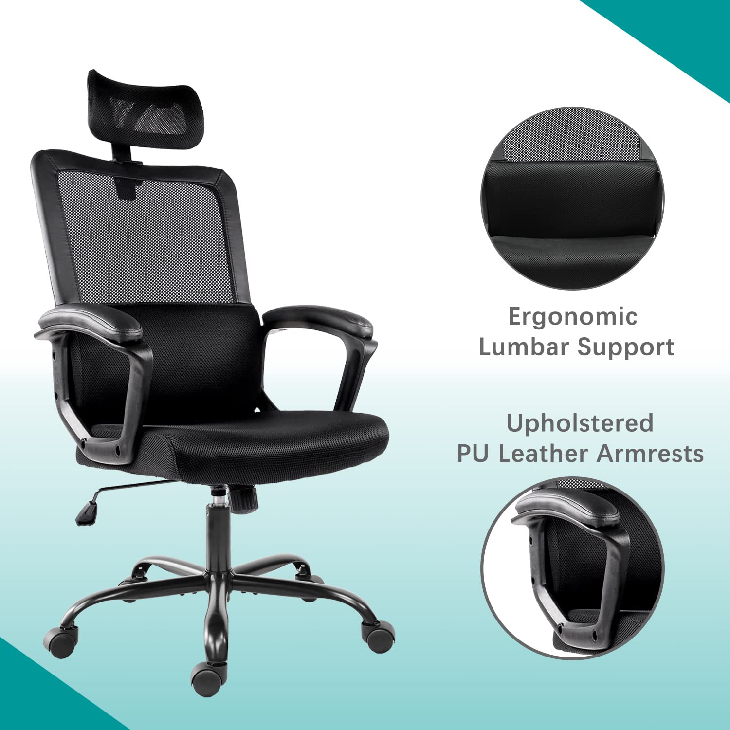 Ergonomic Mesh Office Chair - High Back Swivel Executive Desk Chair with Adjustable Headrest & Lumbar Support - Comfortable Computer Task Chair for Home Office, Gaming & Workspaces