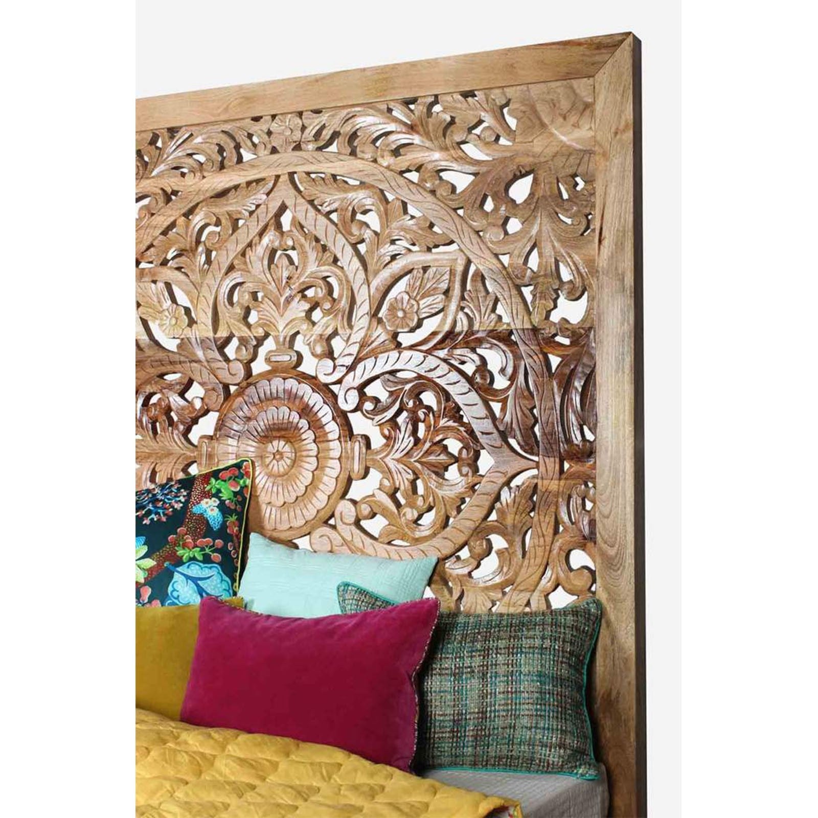 Hand Carved Solid Wood Indian Bed Frame - Queen Size, Natural Finish | Perfect for Master Bedroom, Guest Room & Boho Chic Home Decor