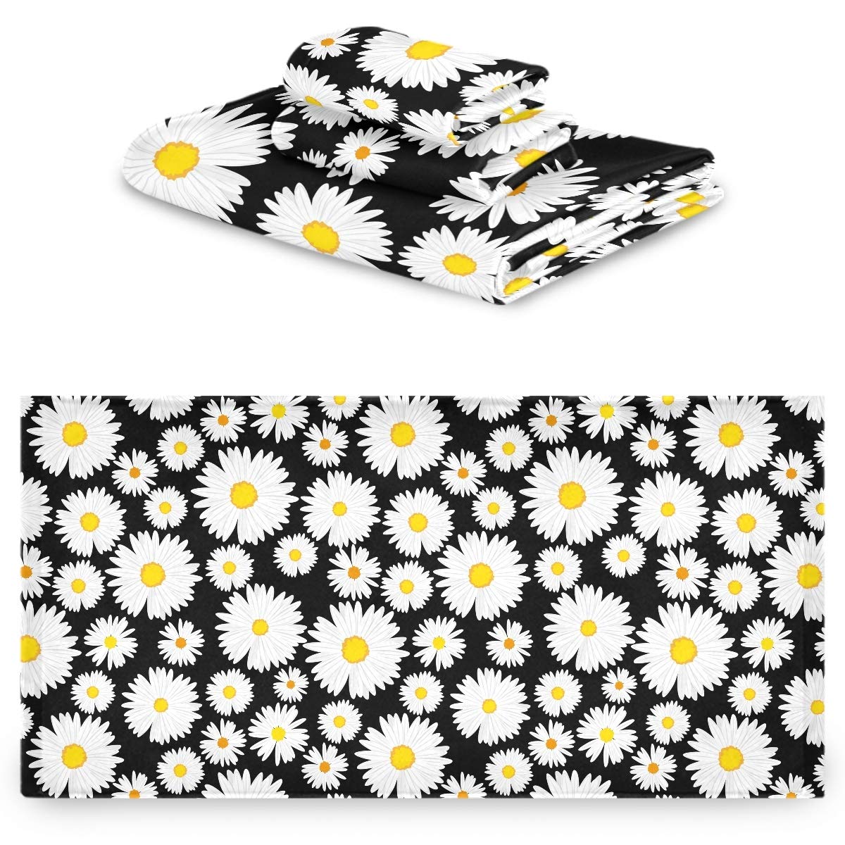 Luxury Soft Floral Daisies Bath Towel Set of 3 - 1 Bath Towel, 1 Hand Towel & 1 Washcloth | Premium Absorbent Cotton for Bathroom, Hotel, Gym, Spa & Beach | Elegant Black & White Home Decor | Perfect for Guest Rooms, Poolside & Vacation Rentals