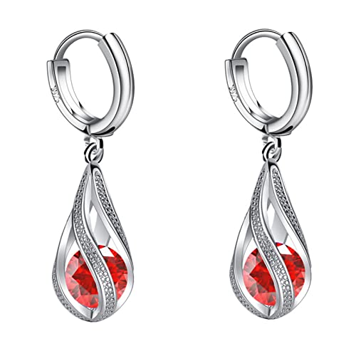 Stylish Stainless Steel Round Dangling Earrings for Women - Elegant Diamond Crystal Drop Earrings in Silver & Red | Perfect for Parties, Weddings & Daily Wear (One Size)