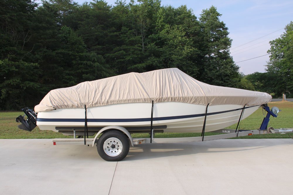 VORTEX HEAVY DUTY VHULL FISH SKI RUNABOUT BOAT COVER - FITS 17 18 19 FOOT BOATS - PREMIUM BEIGE/TAN WATERPROOF PROTECTION - IDEAL FOR FISHING, SKIING & BOAT STORAGE