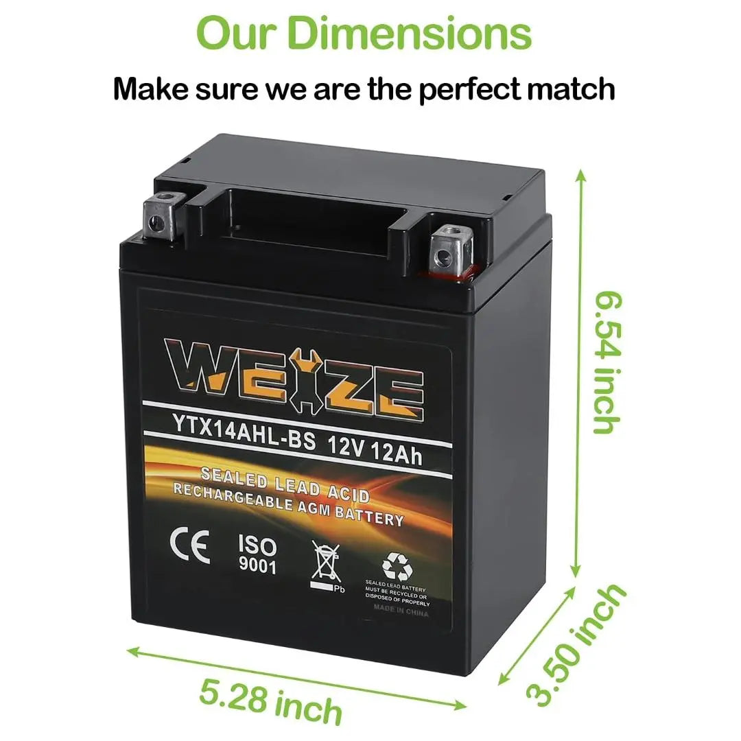 WEIZE YTX14AHL BS 12V 12Ah High Performance AGM Sealed Motorcycle Battery - Compatible with Polaris Scrambler, Sportsman 90, Honda NQ50 Spree Scooters, Kawasaki KLX110 - Perfect for Off-Road, ATV & Powersports Vehicles