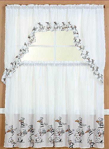 Jasmine Linen 3-Piece Printed Kitchen Curtain Set with Tier & Valance - Chef Design Window Treatment for Farmhouse & Modern Kitchens