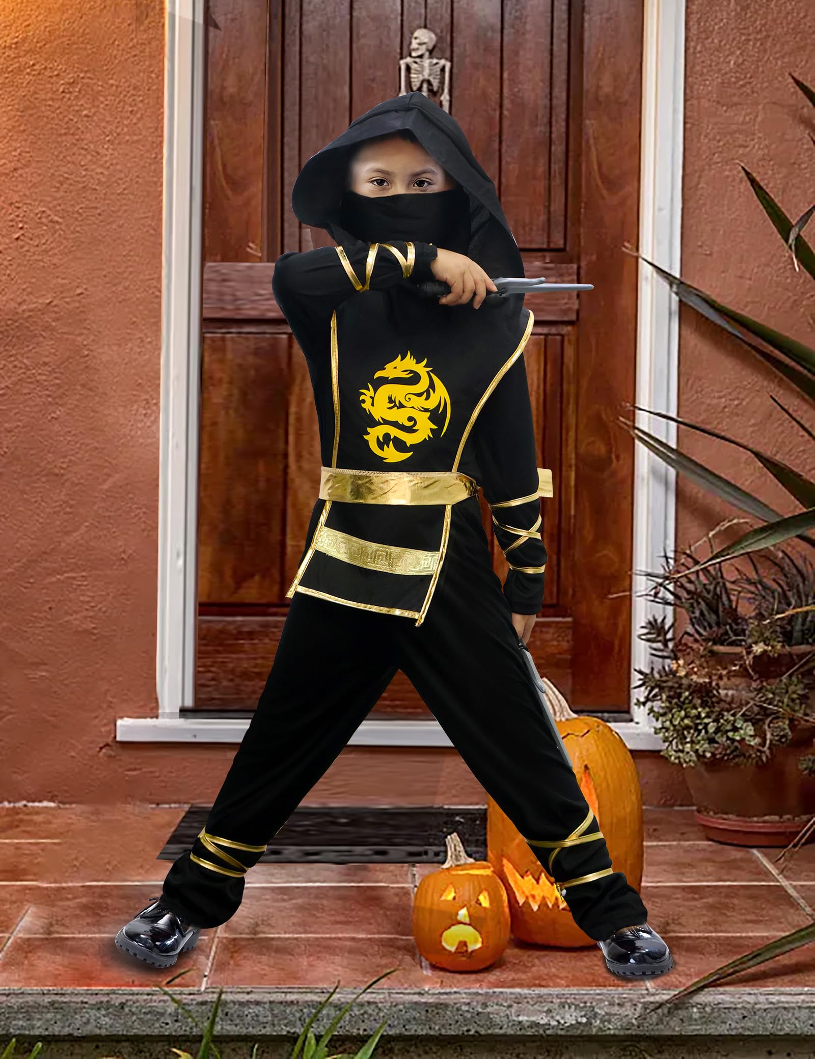 Kids Ninja Costume Set with Plastic Ninja Toys - Halloween Ninja Outfit for Boys & Girls | Dragon Themed Role Play, Birthday Party & Cosplay Costume