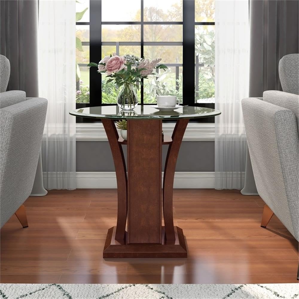 BOWERY HILL Modern End Table - Solid Wood, Wood Veneer & MDF with Glass Top in Cherry Finish | Perfect for Living Room, Bedroom or Office Decor