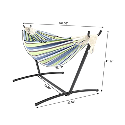 9ft Double Cotton Portable Hammock with Stand - Heavy Duty Space Saving Steel Frame (450 lb Capacity) - Green Striped Hammock with Natural Rope - Perfect for Patios, Backyards, Camping & Outdoor Relaxation