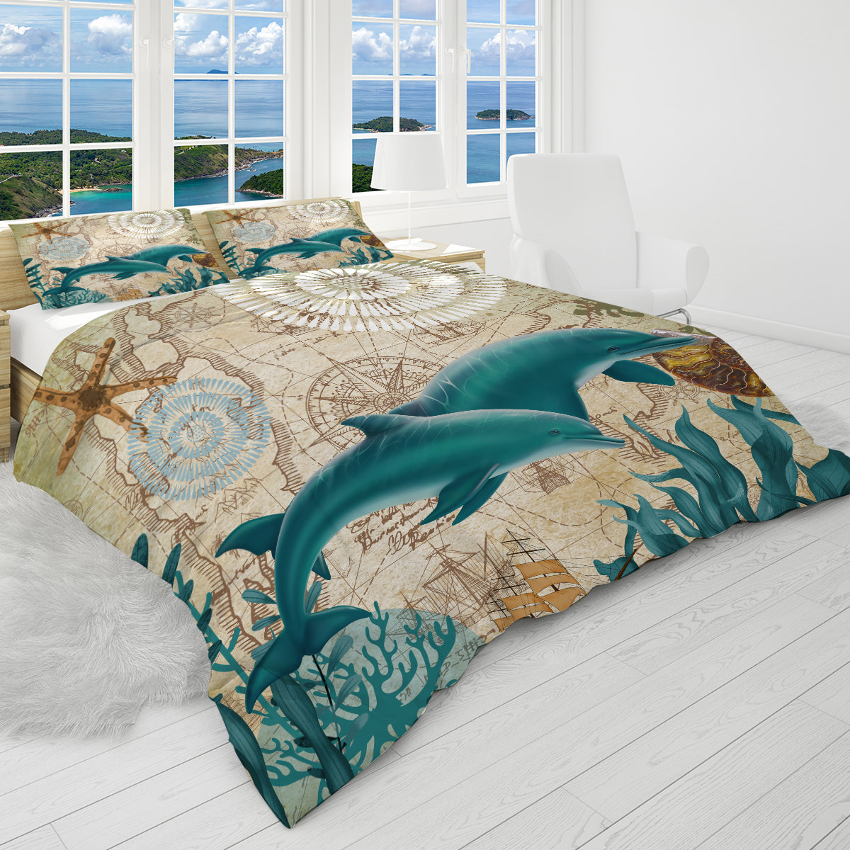 Reversible Dolphin Love Bedding Set - Soft & Comfortable Queen Size Duvet Cover with Pillowcases - Perfect for Beach Themed Bedrooms & Coastal Home Decor