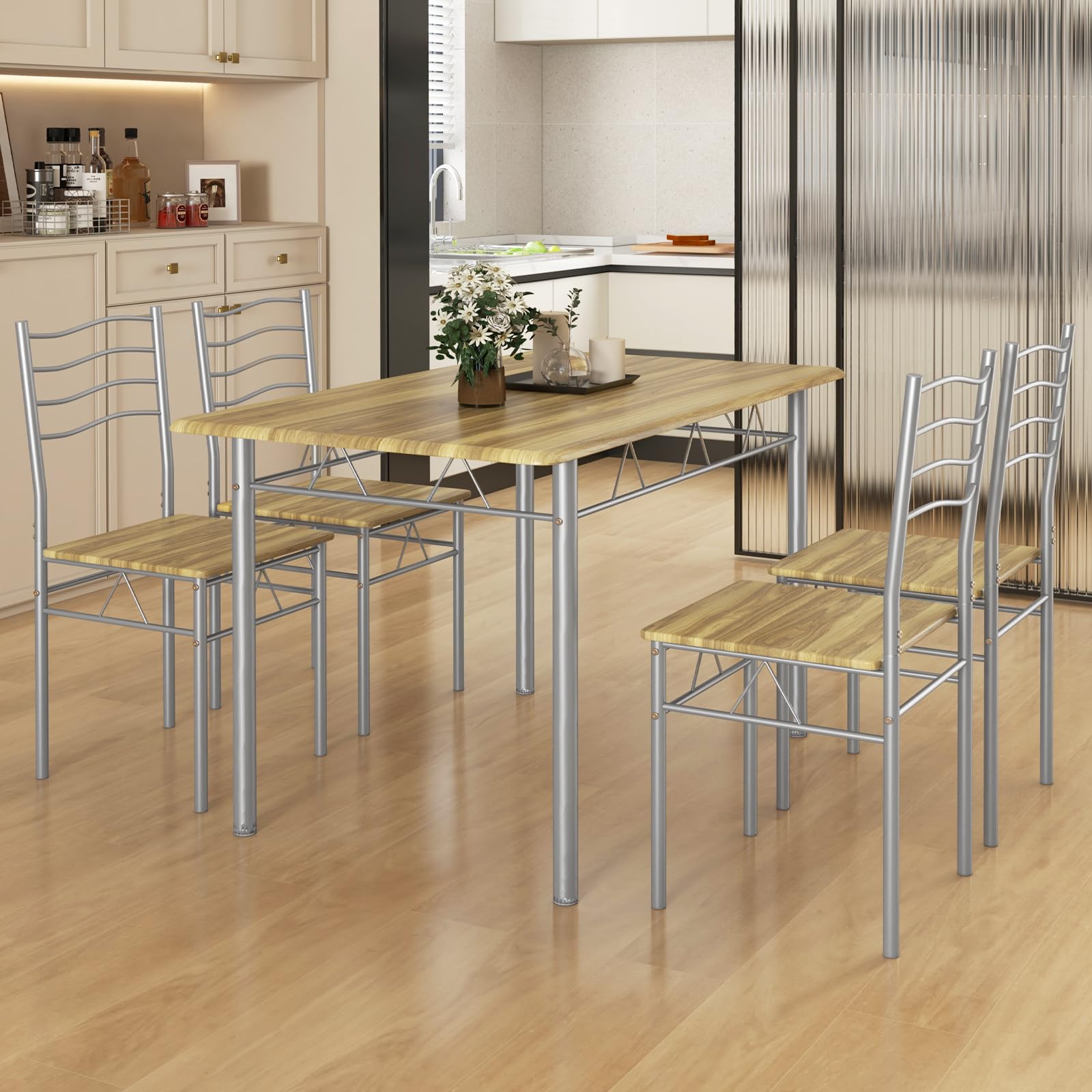 Giantex Modern 5-Piece Dining Table Set with 4 Chairs, Wood & Metal Kitchen Breakfast Furniture Set, Natural Finish - Perfect for Small Spaces, Apartments, and Cozy Family Meals