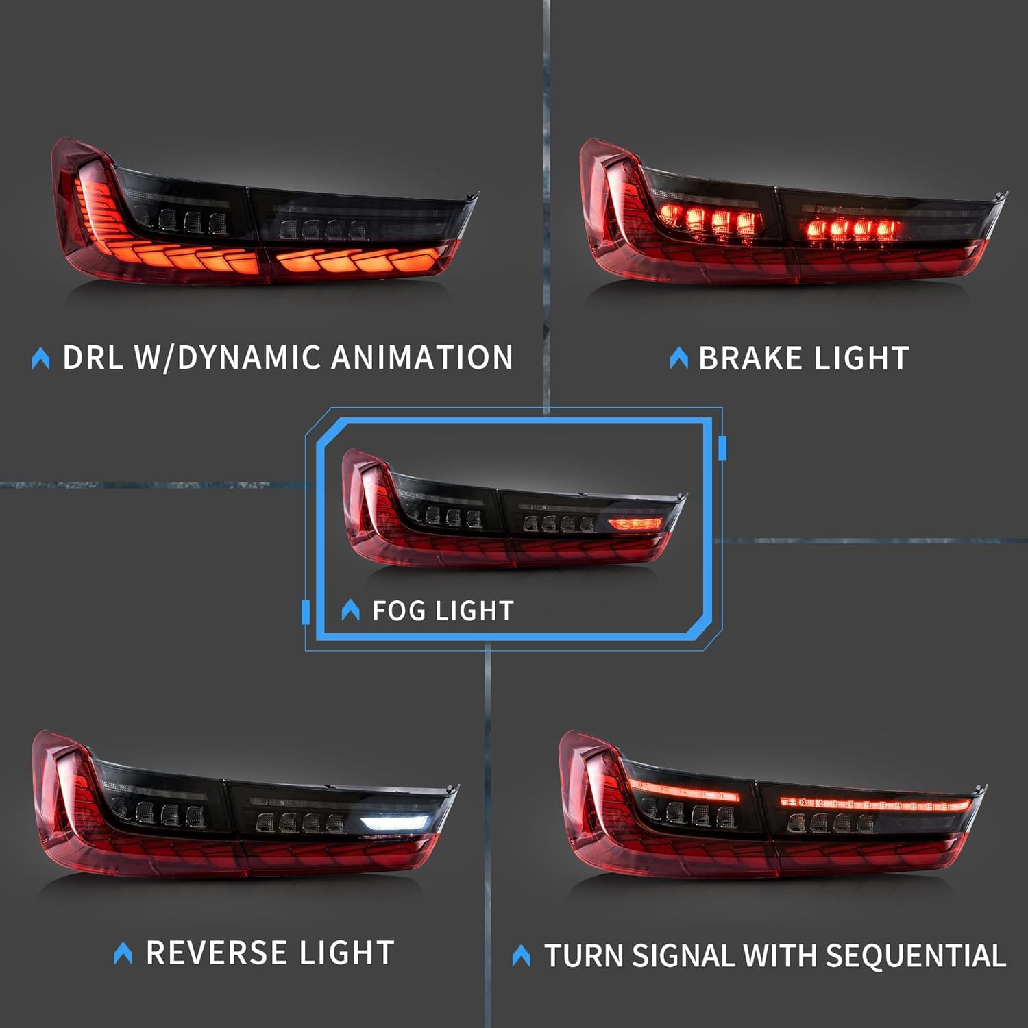 VLAND LED Tail Lights for 2019-2024 BMW 3 Series G20 Sedan - Red Sequential Turn Signals with 3D Animation - Driver & Passenger Side - Perfect for Night Driving & Car Customization
