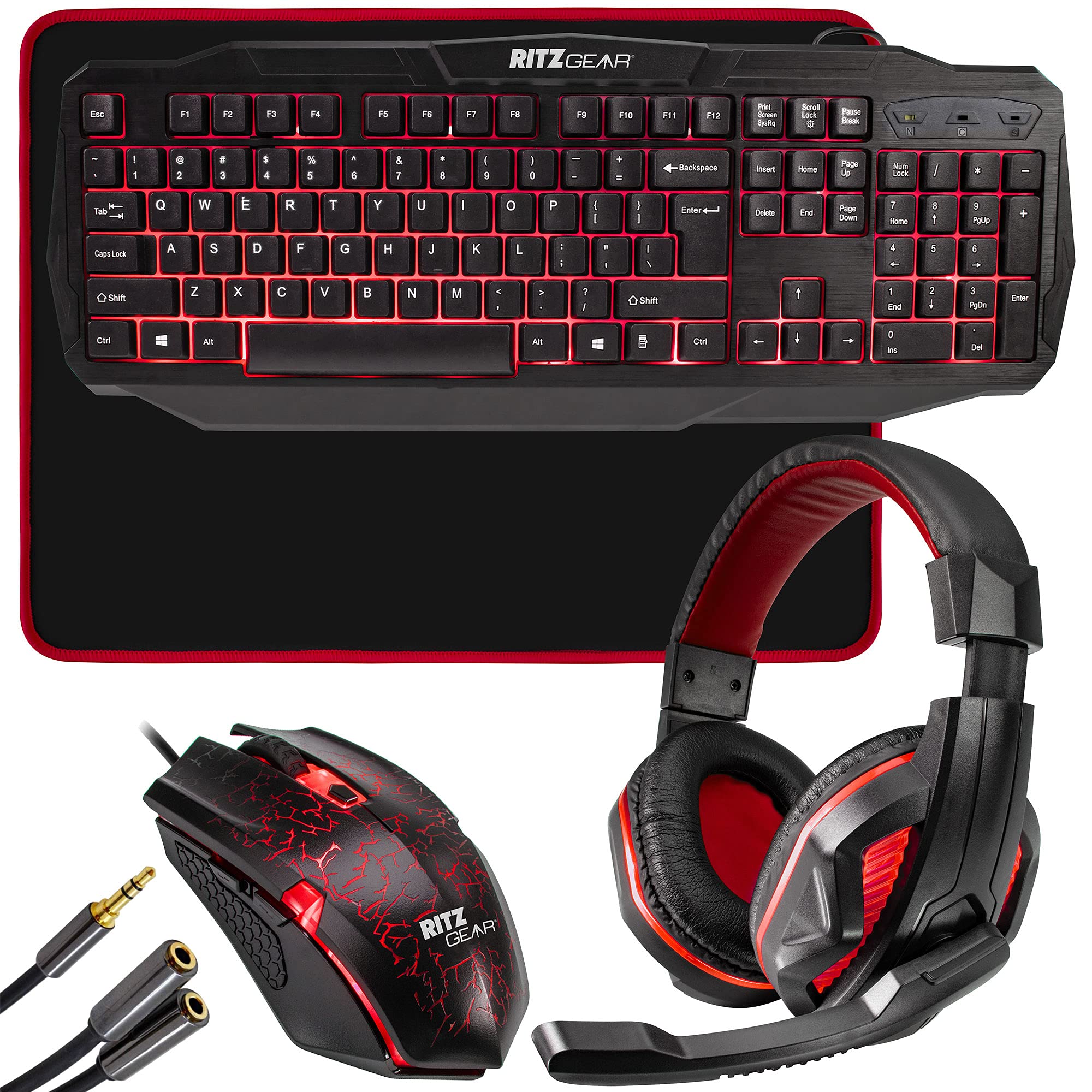 Ritz Gear 4-in-1 Gaming Accessories Kit (Red) - LED Backlit Keyboard, Optical Mouse, Mouse Pad & Headset with Adapter for PC, Laptop, Xbox & PS4 - Perfect for Gaming, Streaming & Office Work